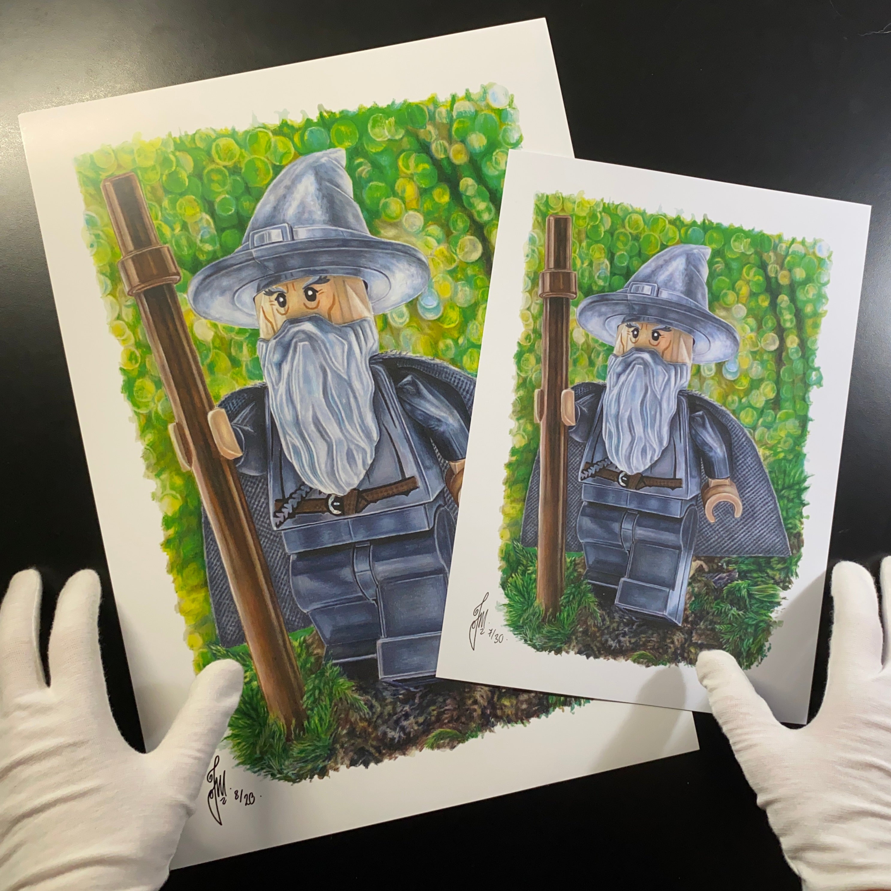 A3 and A4 limited edition art prints of tom mothersoles realistic coloured pencil drawing of the lego gandalf minifigure from lord of the rings fan art