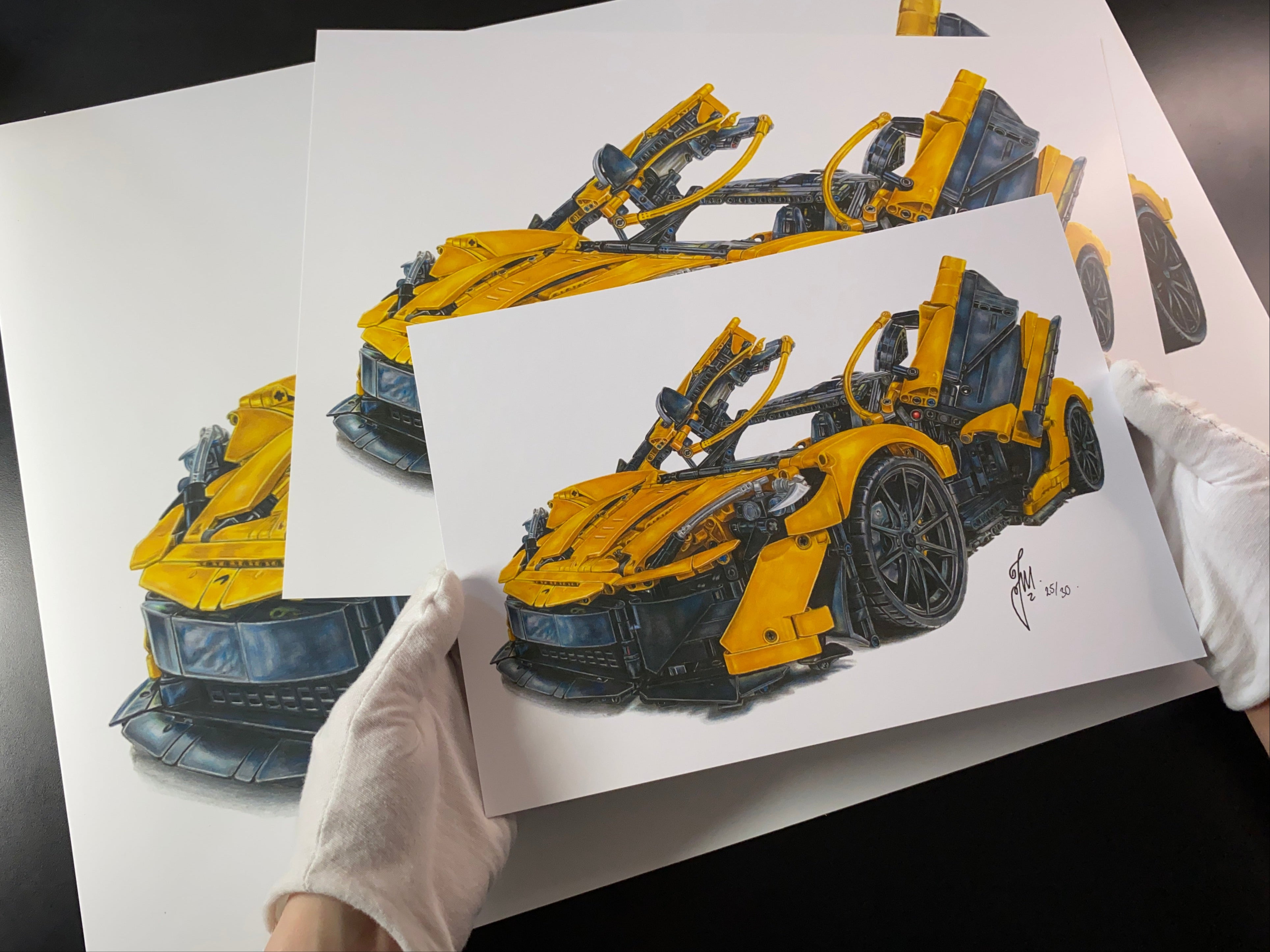 A4, A3 and A2 limited edition fine art prints of tom mothersoles realistic coloured pencil drawing of the LEGO Technic McLaren P1
