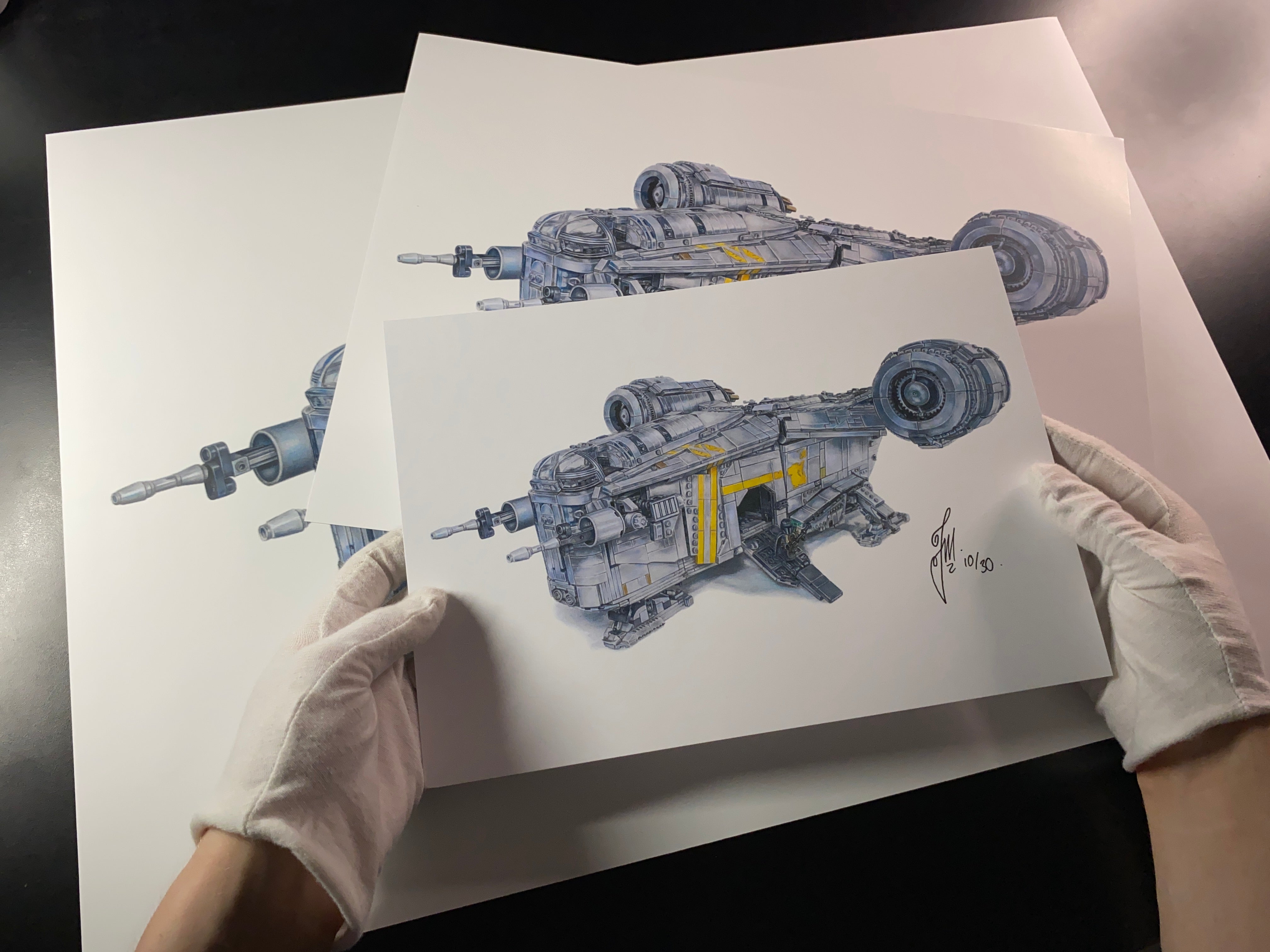 A4, A3 and A2 limited edition prints of tom mothersoles realistic coloured pencil drawing of the LEGO UCS Razorcrest from the Mandaloian spaceship