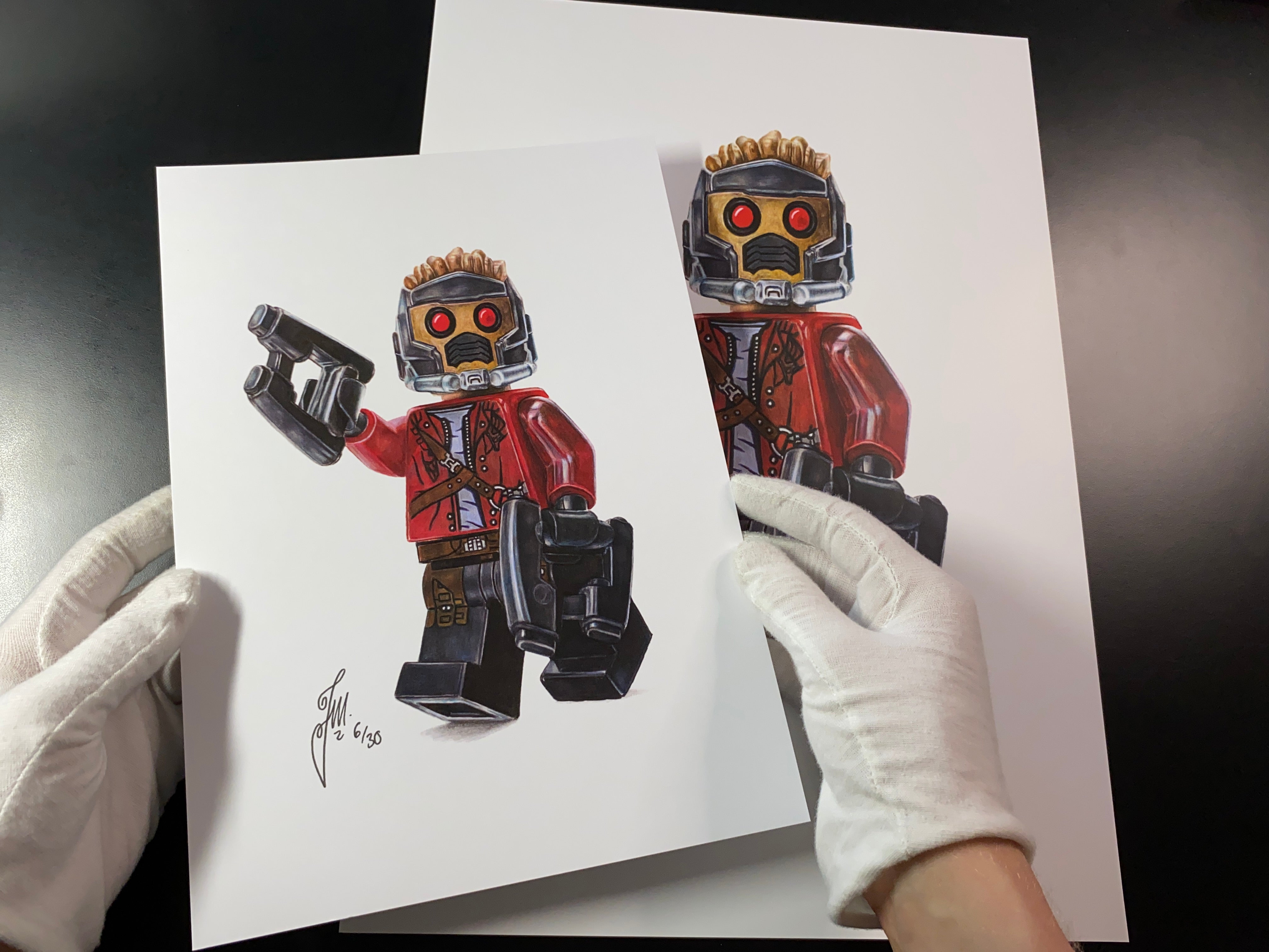 A4 and A3 print of realistic coloured pencil drawing of the LEGO Starlord Minifigure