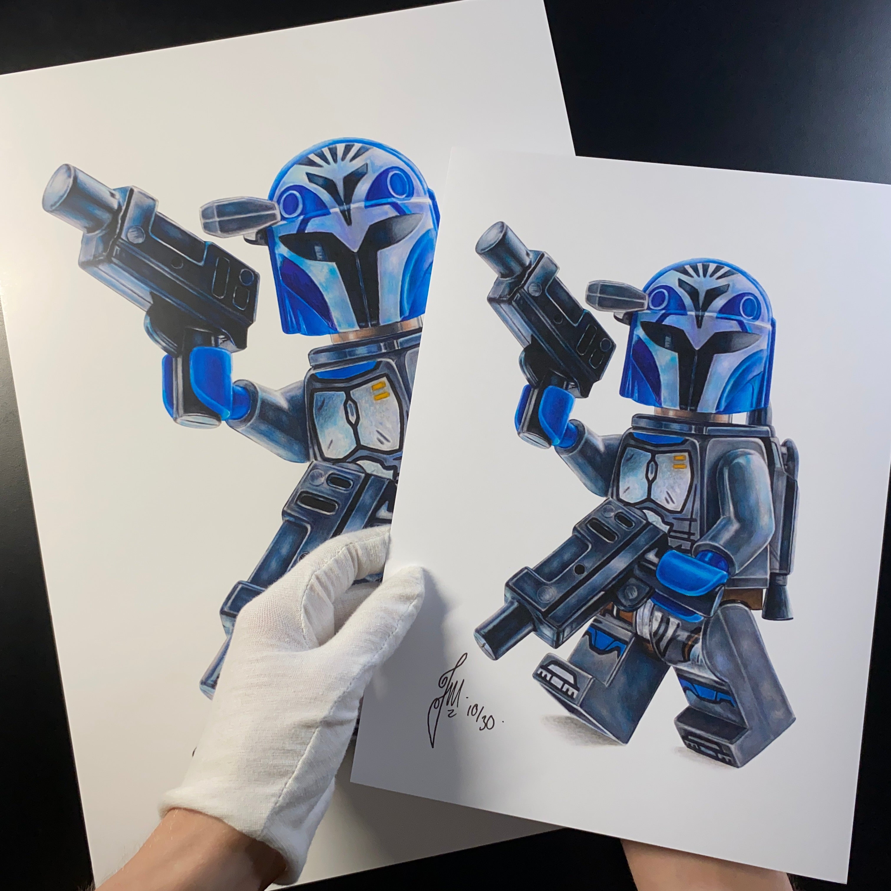 A4 and A3 prints of tom mothersoles realistic coloured pencil drawing of the LEGo Bo Katan Minifigure from the mandalorian