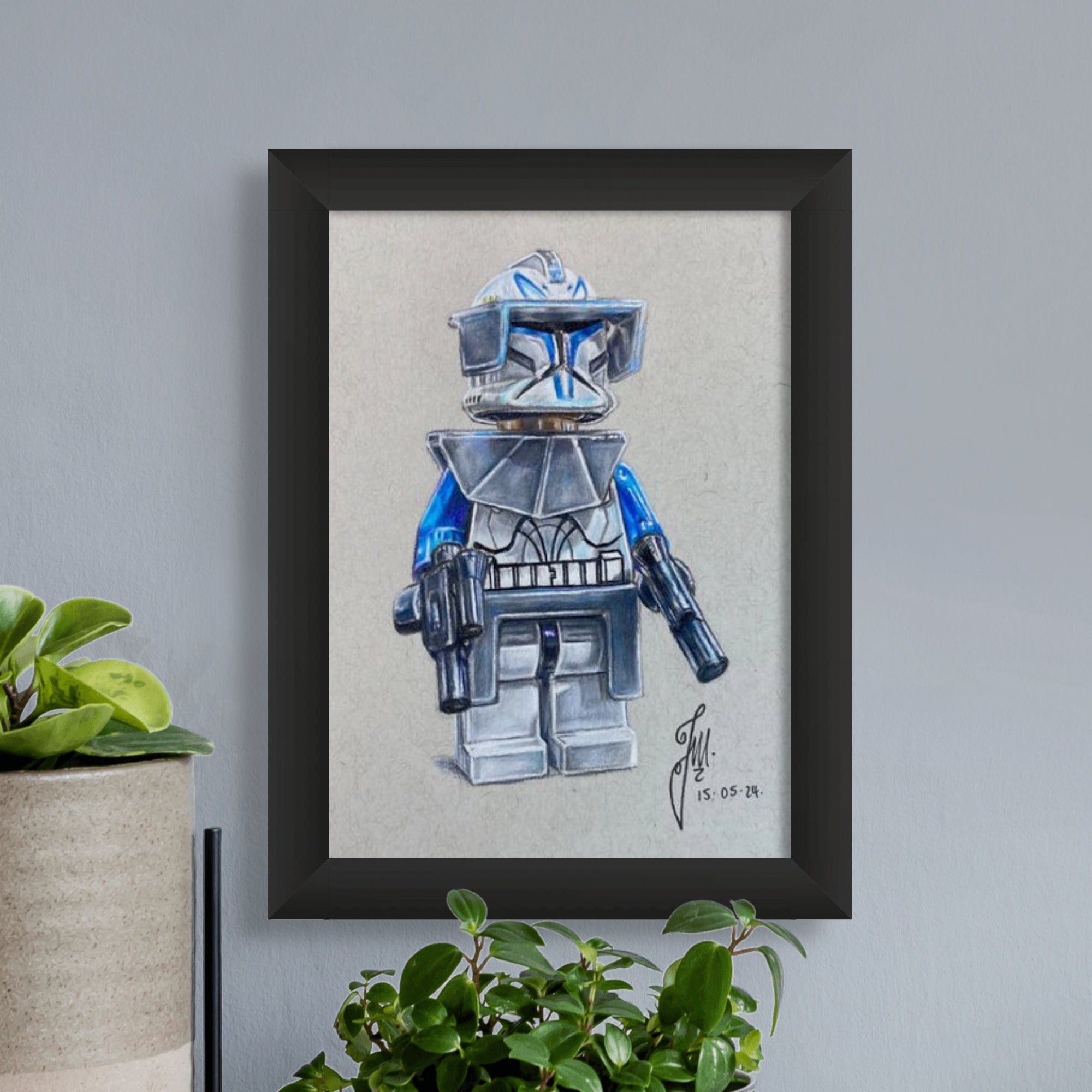 framed limited edition art print of my LEGO Captain rex Minifigure coloured pencil drawing from starwars the clone wars by tom mothersole