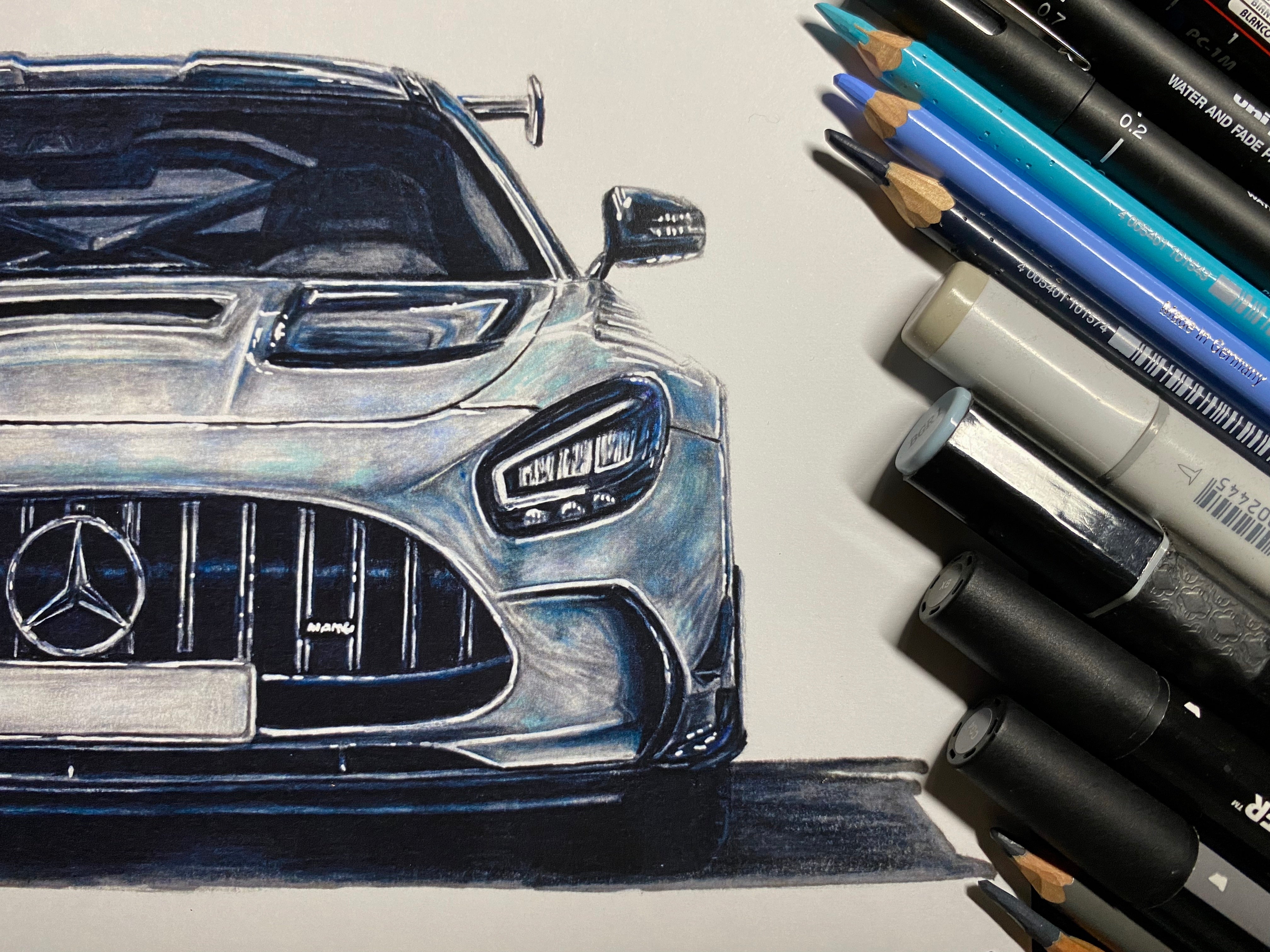 A4 limited edition art print of my realistic coloured pencil drawing of a silver Mercedes AMG GTR super car by tom mothersole