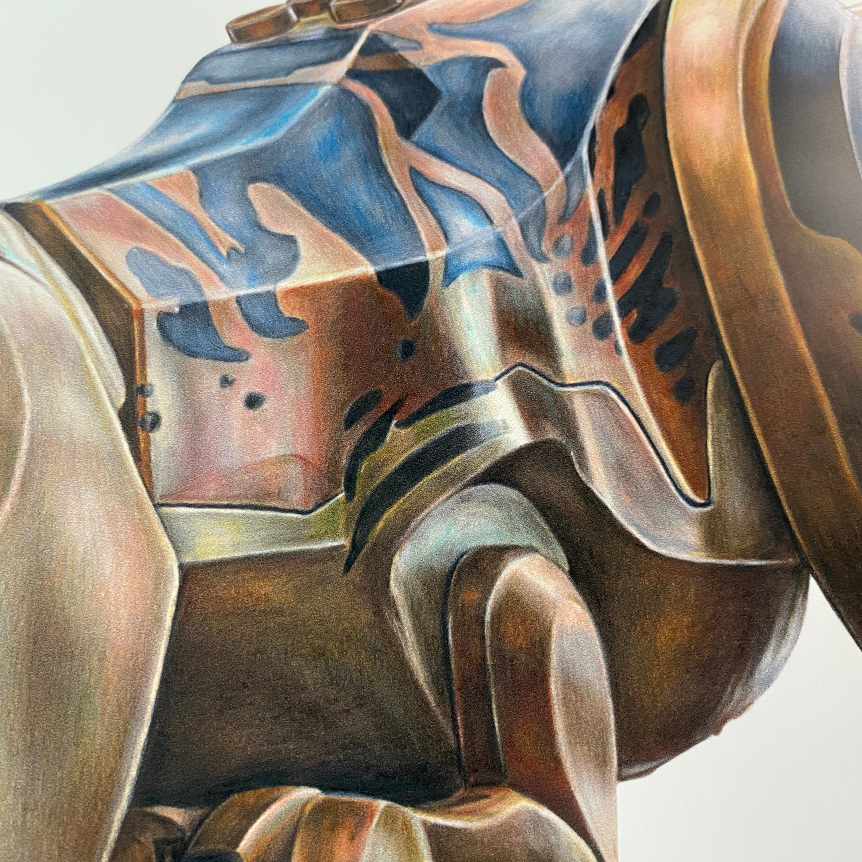close up of a detailed realistic coloured pencil drawing of a lego t-rex body