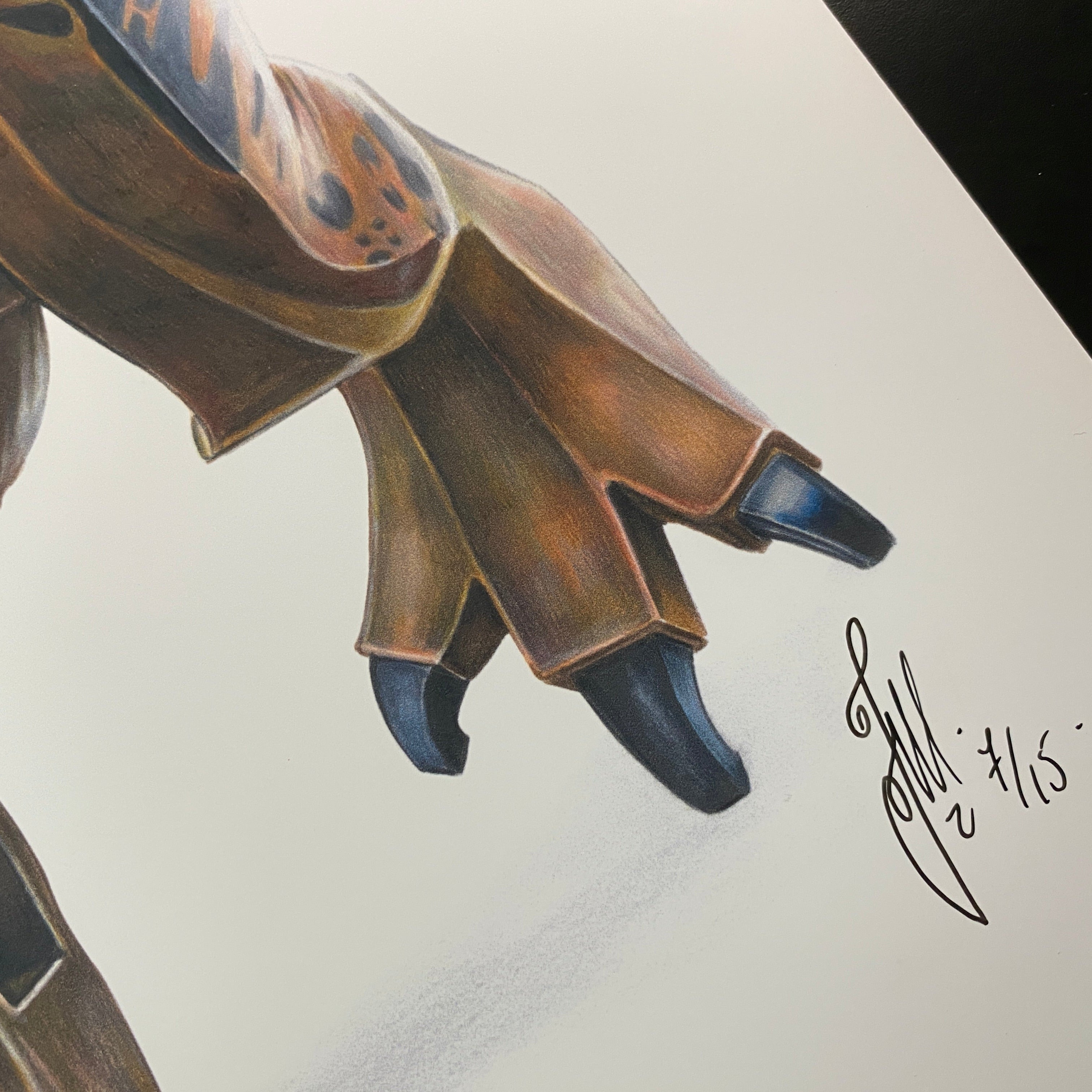 close up of a detailed realistic coloured pencil drawing of a lego t-rex foot