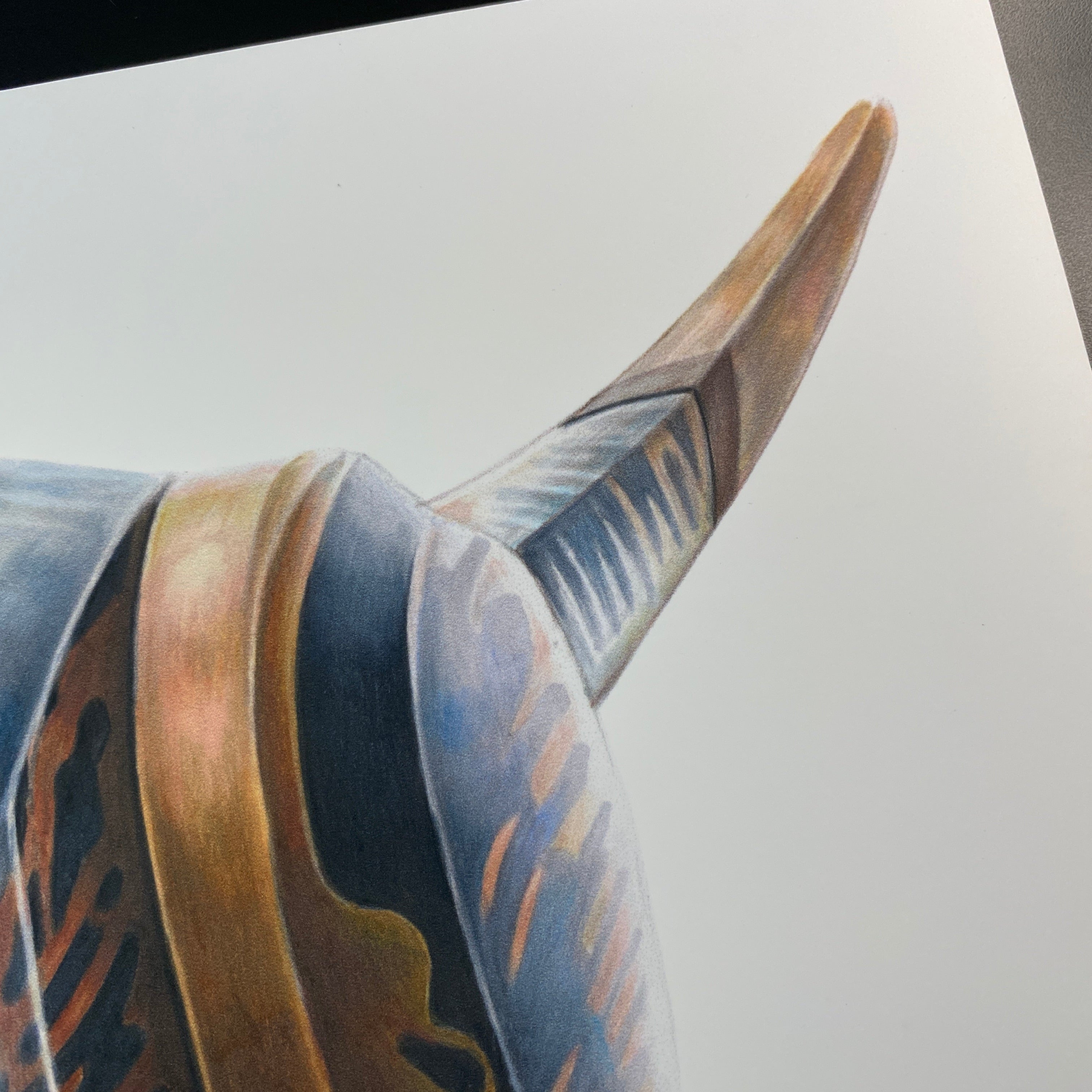 close up of a detailed realistic coloured pencil drawing of a lego t-rex tail