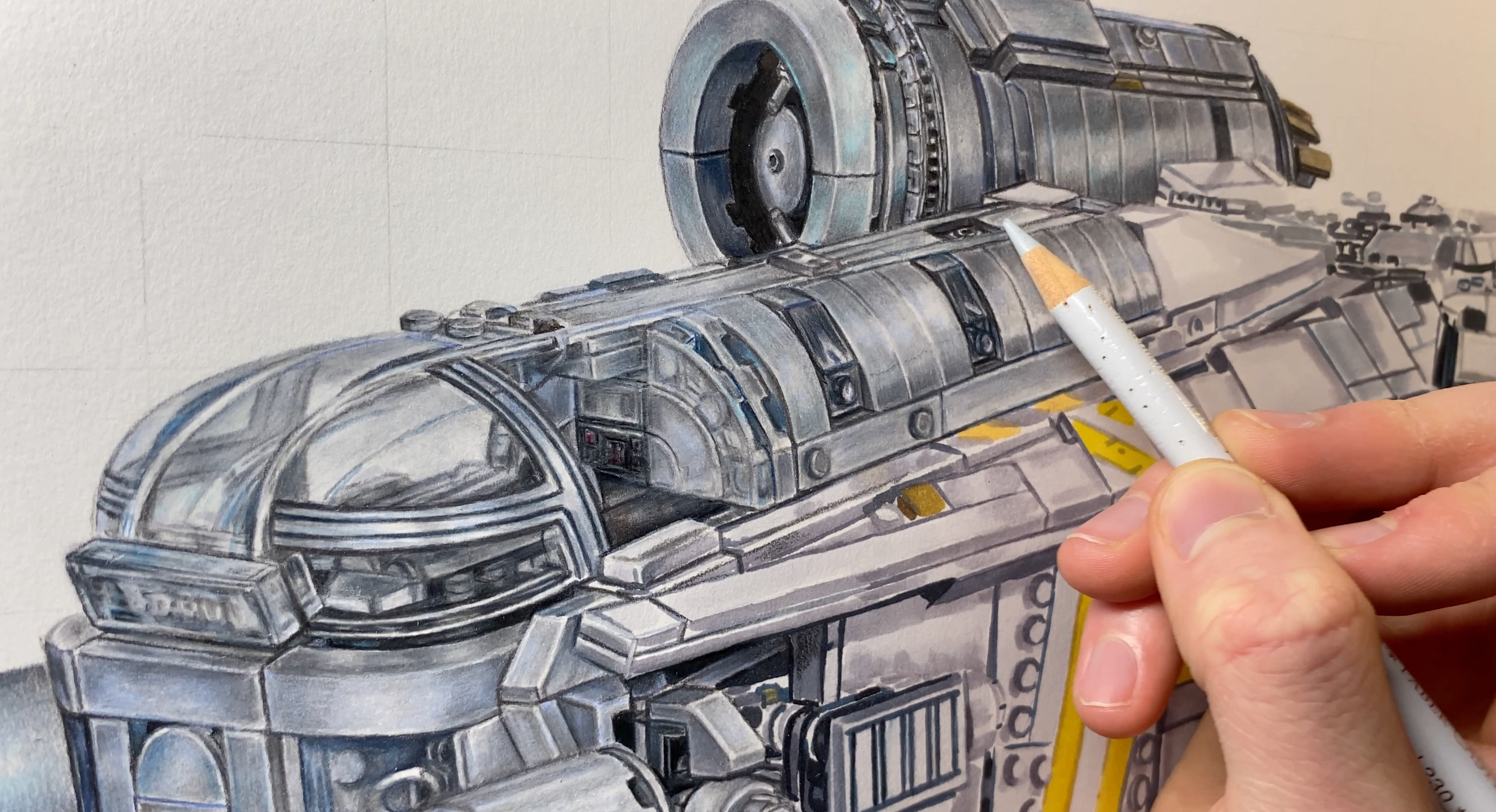 close up of cockpit of the LEGO UCS raorcrest coloured pencil drawing by tom mothersole