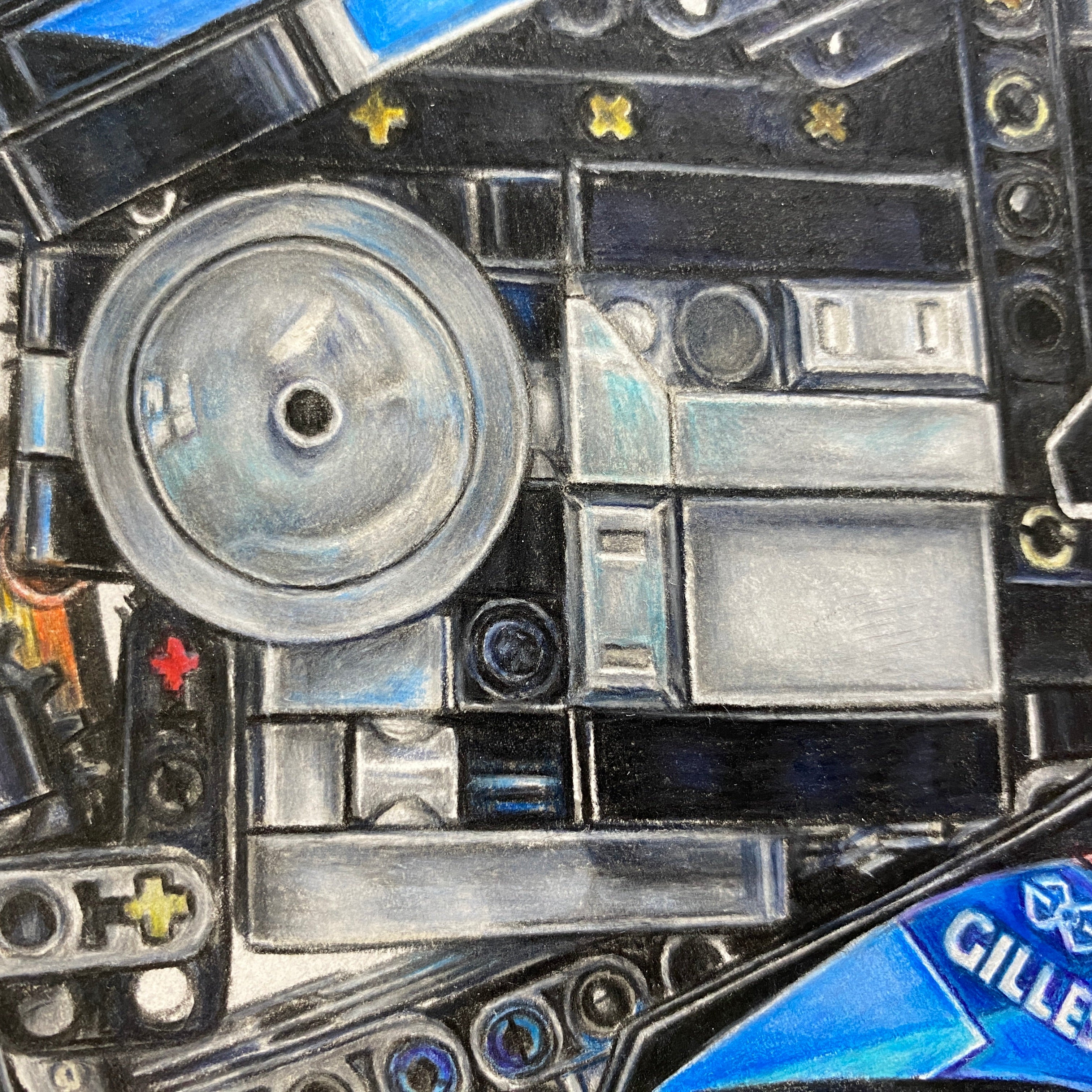 close up of lego pieces on tom mothersoles realistic coloured pencil drawing of the lego BMW M1000 RR motorcycle