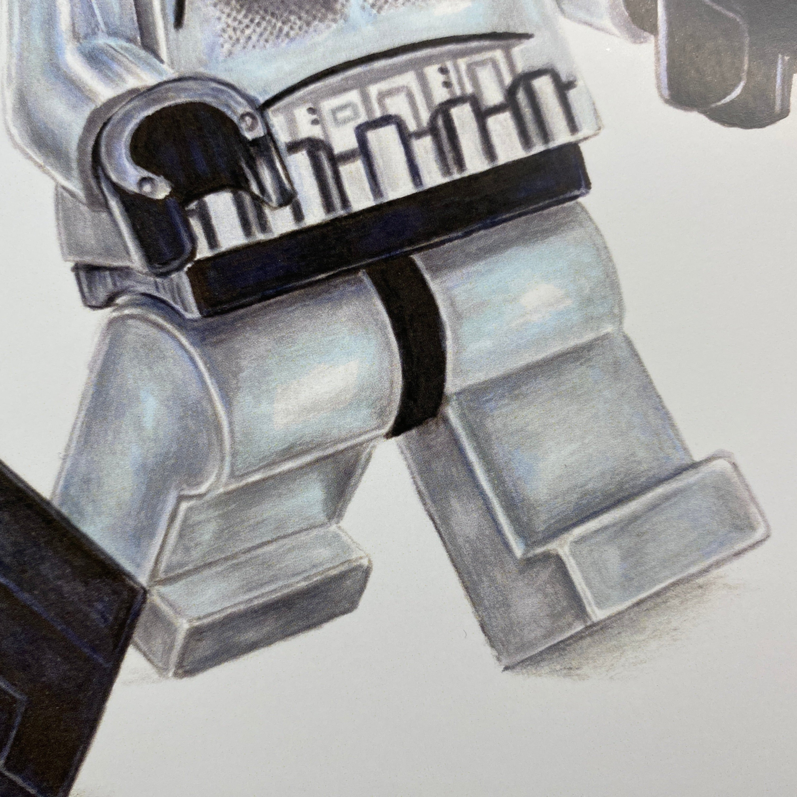 close up of realistic lego leg drawing of starwars stormtrooper