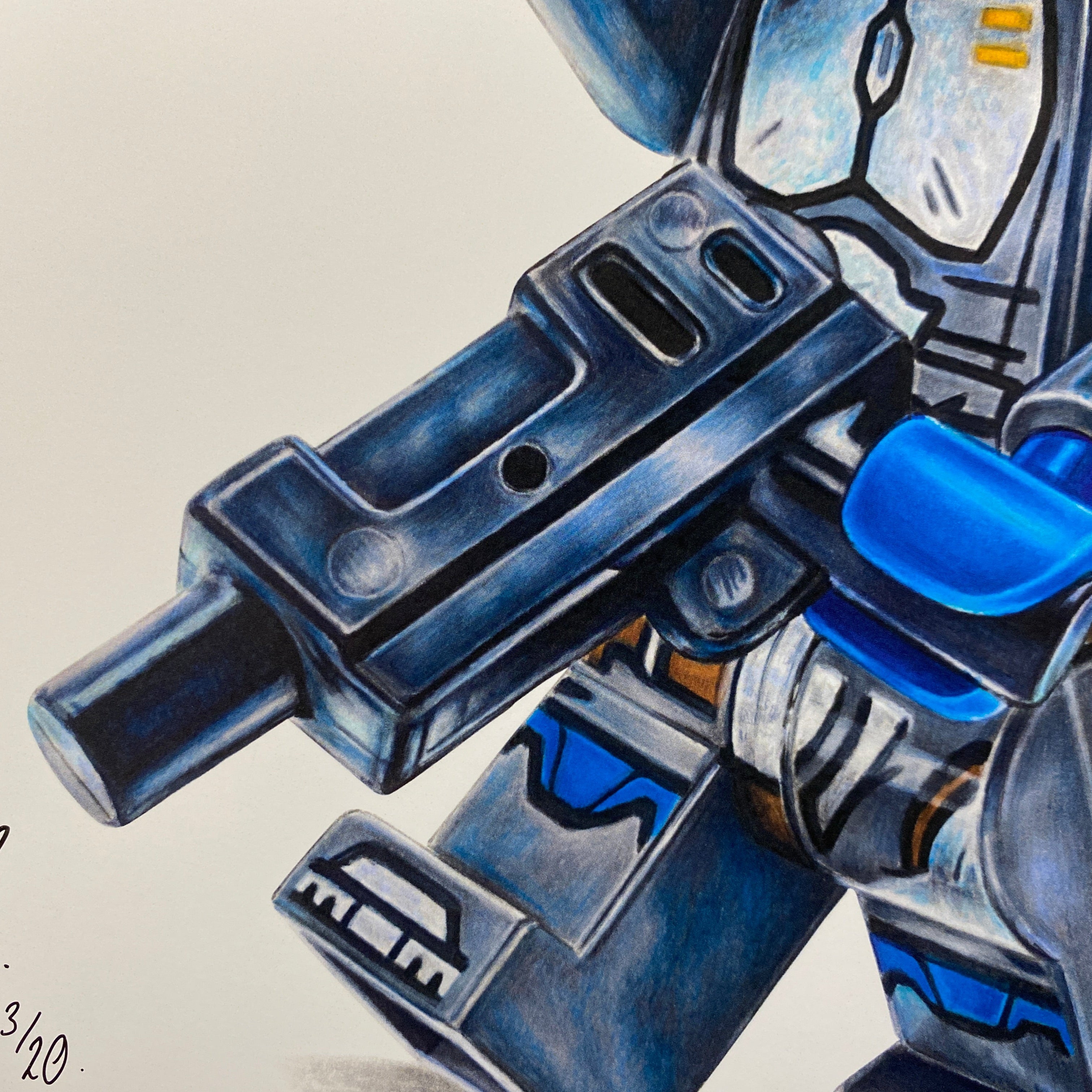 close up of the blaster on tom mothersoles realistic coloured pencil drawing of the LEGO Bo Katan Minifigure