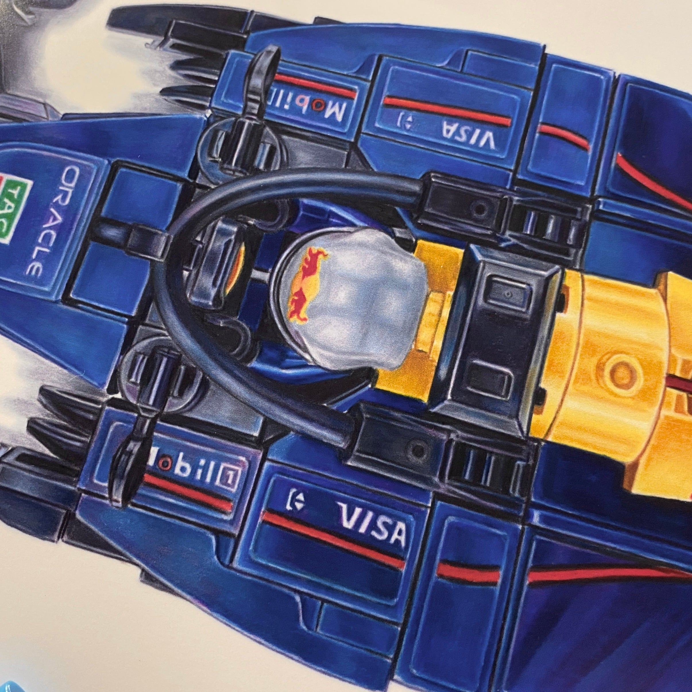 close up of the cock pit on tom mothersole realistic coloured pencil drawing of the lego redbull f1 car