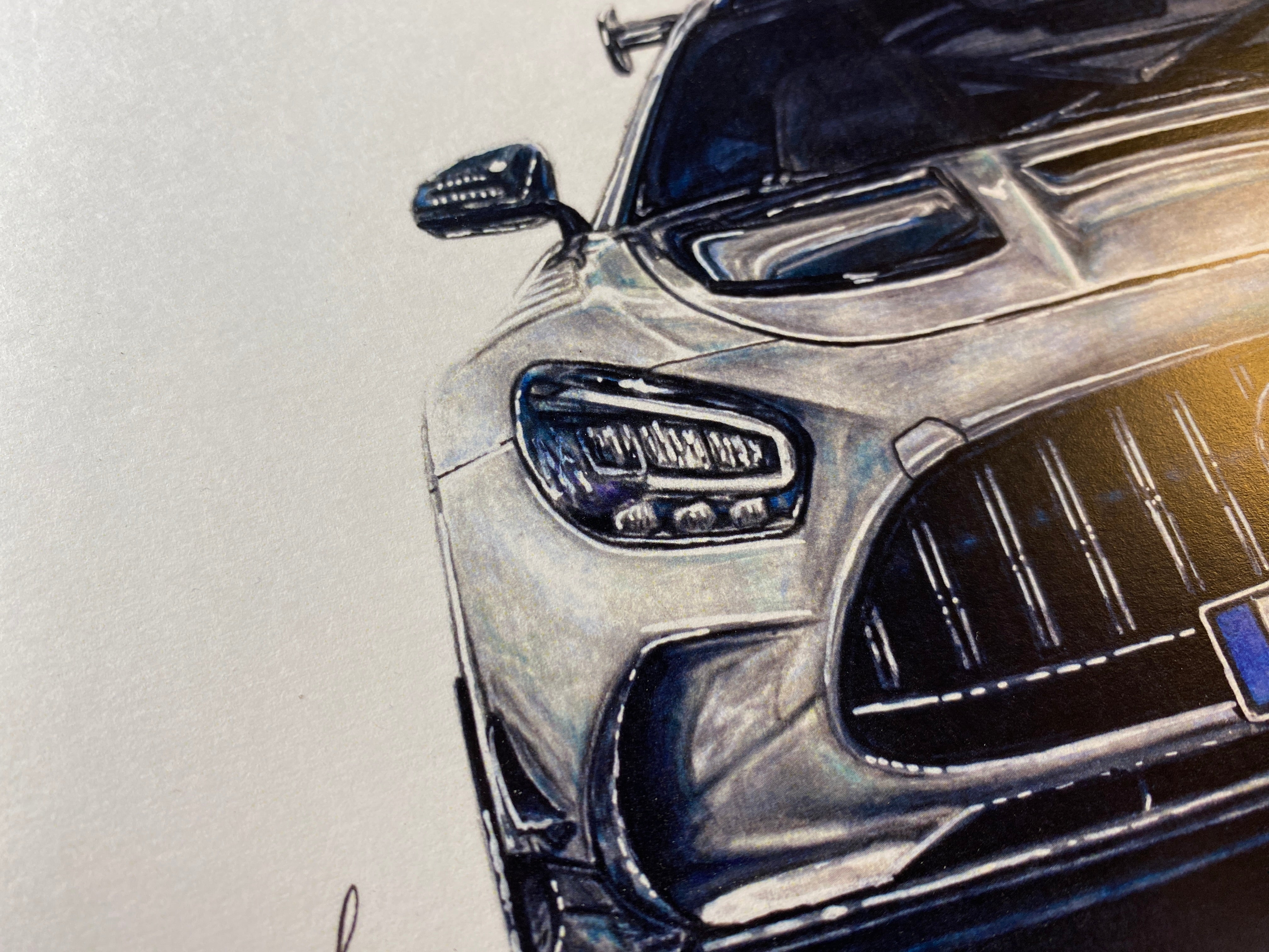 close up of the headlight on my realistic coloured pencil drawing of a silver Mercedes AMG GTR super car art