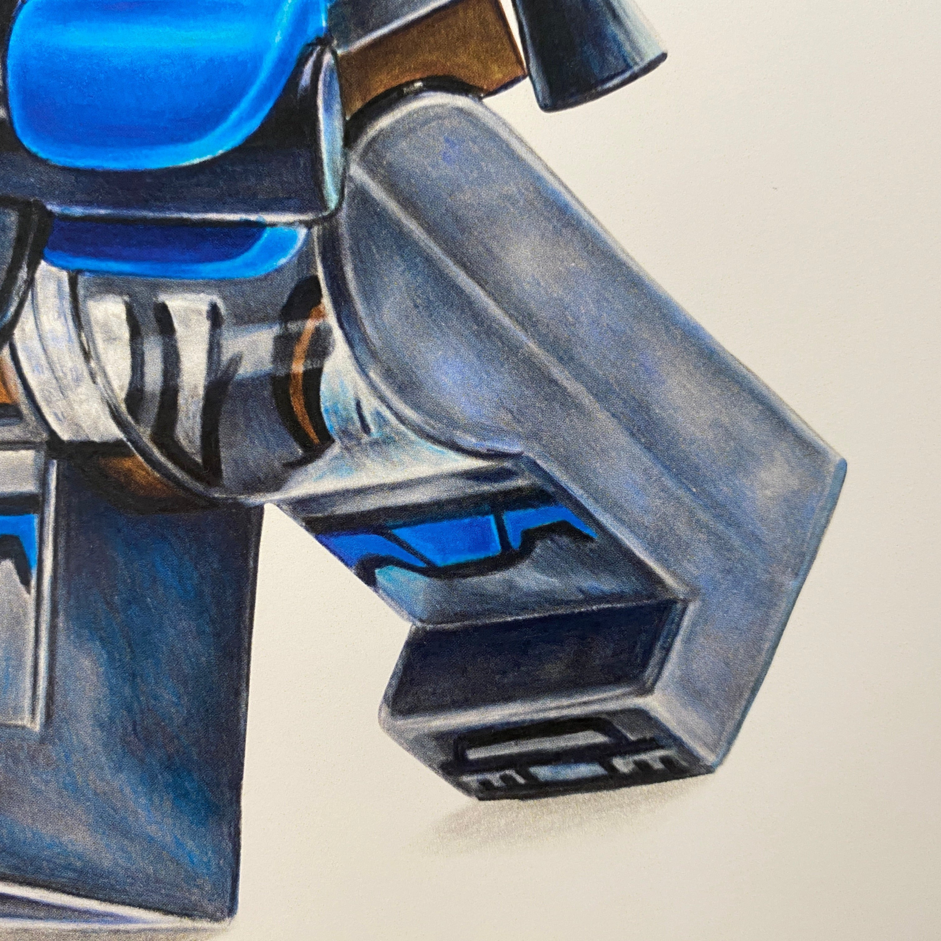 close up of the legs on tom mothersoles realistic coloured pencil drawing of the LEGO Bo Katan Minifigure