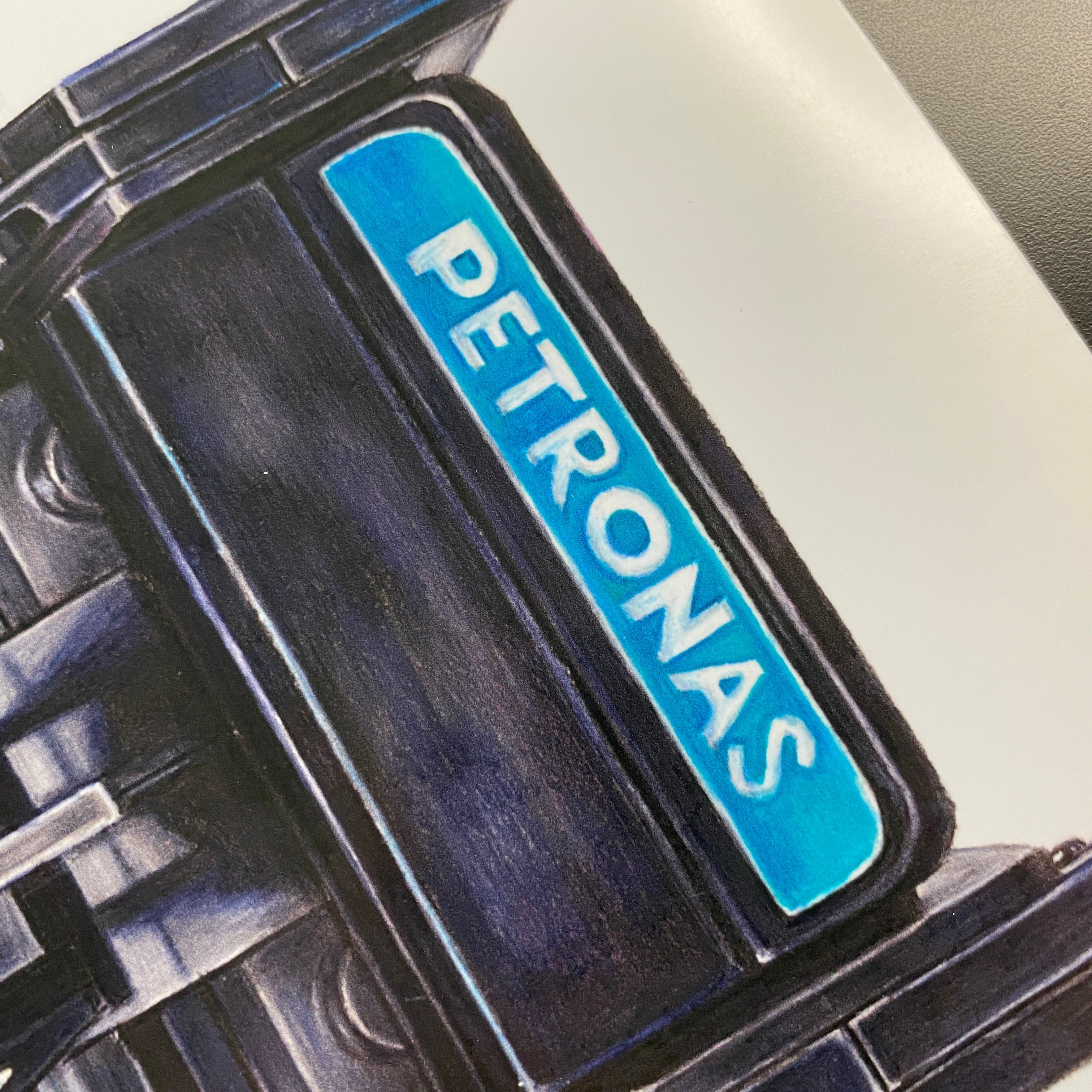 close up of the rear wing on tom mothersoles realistic coloured pencil drawing of the LEGO Mercedes F1 car