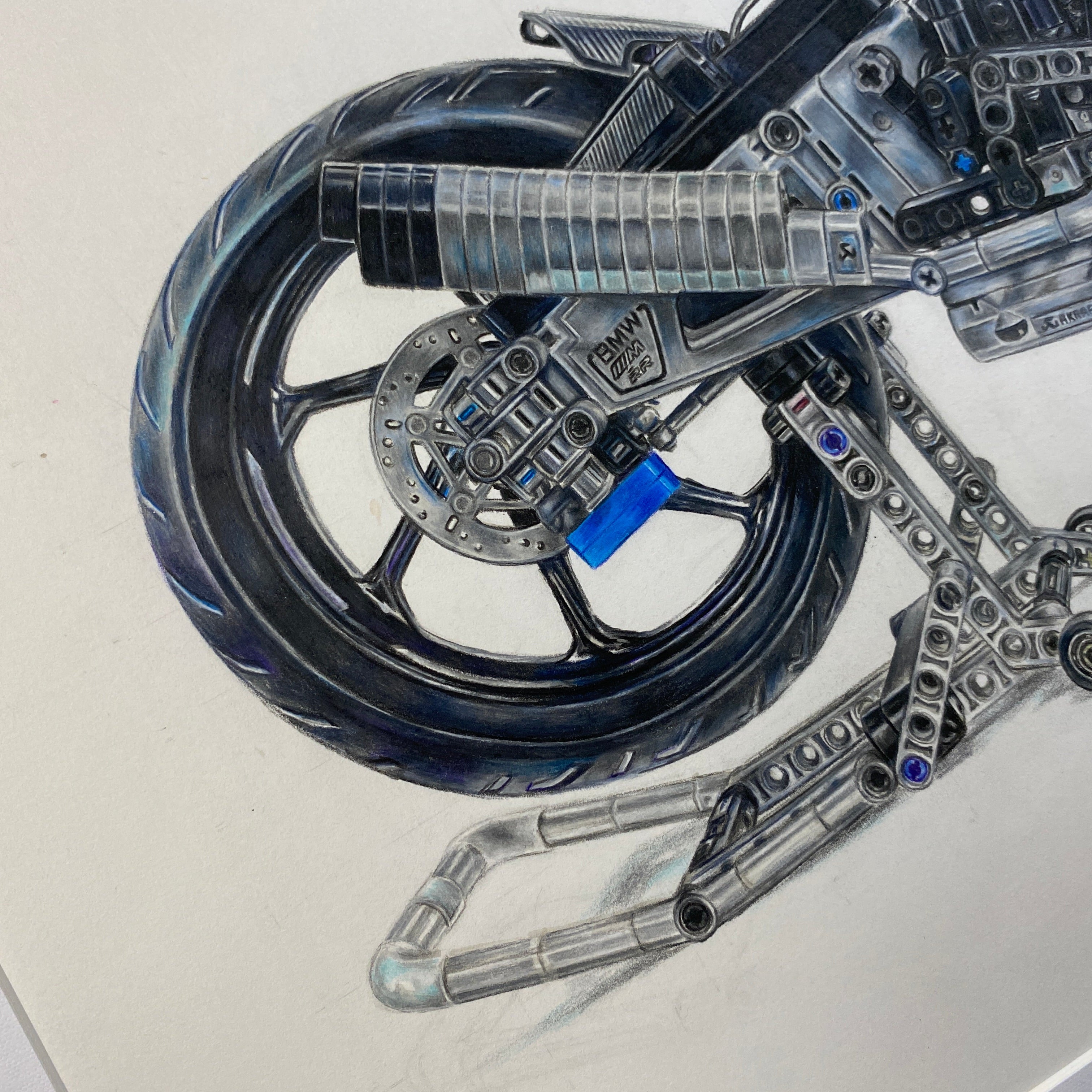 close up of tom mothersoles realistic coloured pencil drawing of the LEGo Technic BMW M1000 RR 3