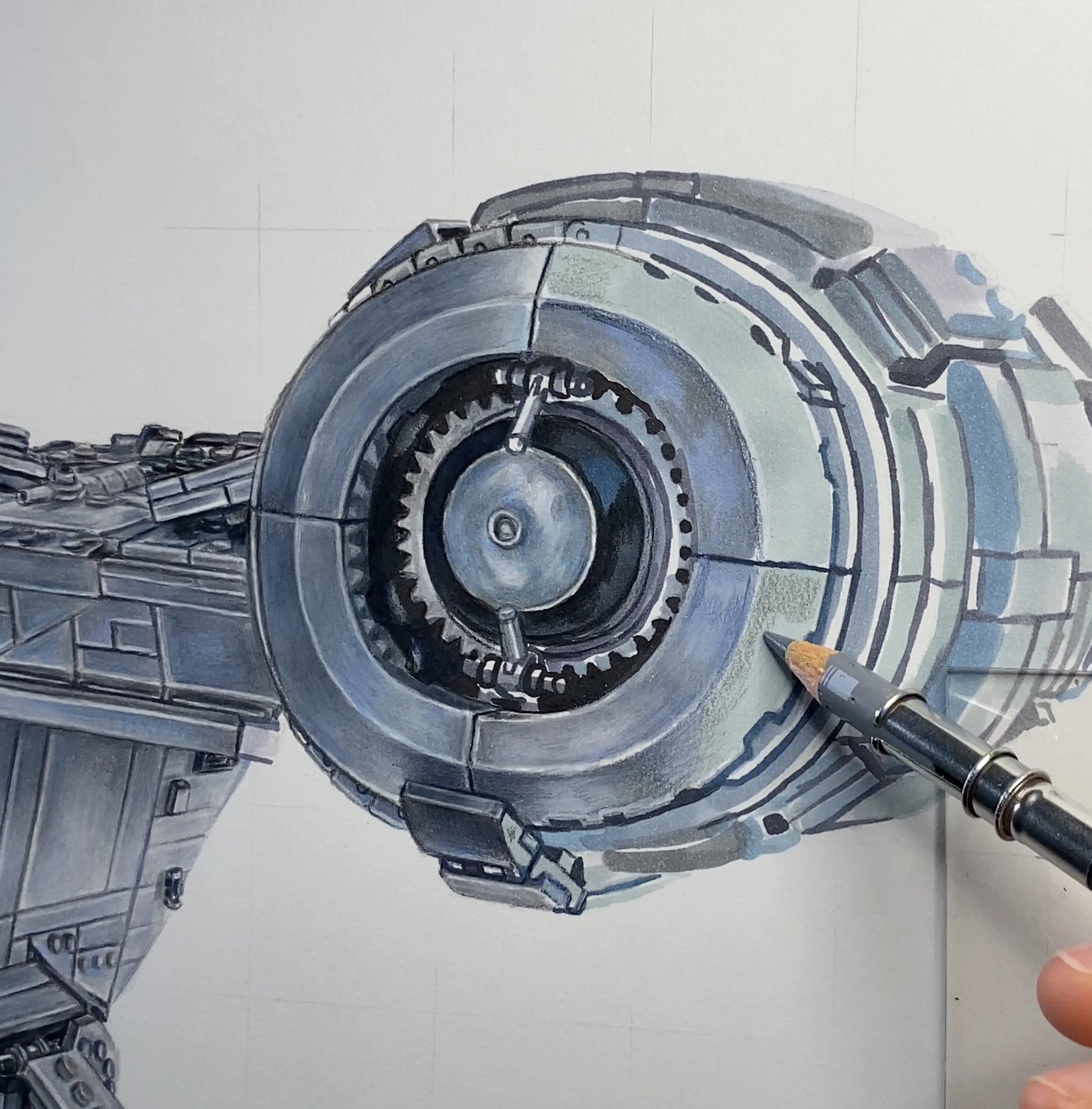 close up work in progress shot of tom mothersole drawing the booster of the LEGO UCS Razorcrest with coloured pencils