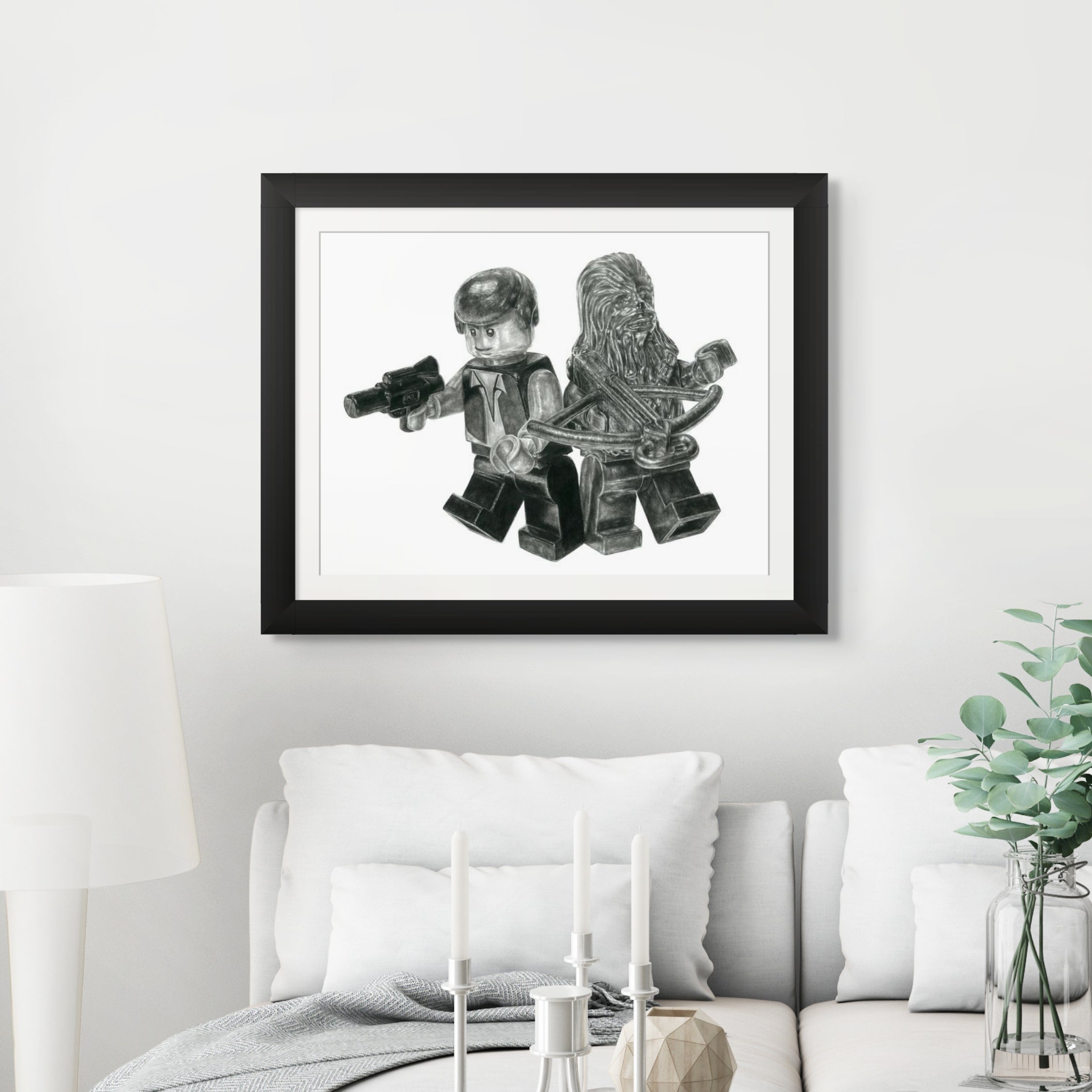 LEGO Han Solo and Chewbacca Graphite Pencil Drawing - PRINT