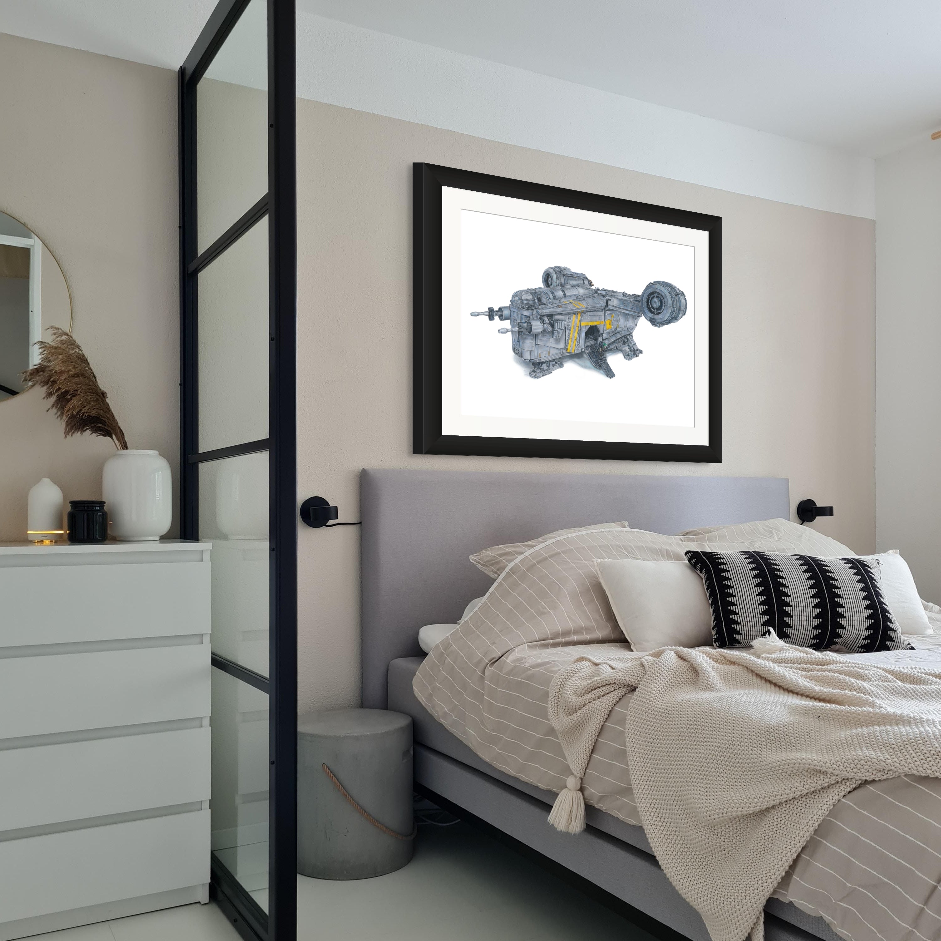 lego razorcrest drawing above a bed