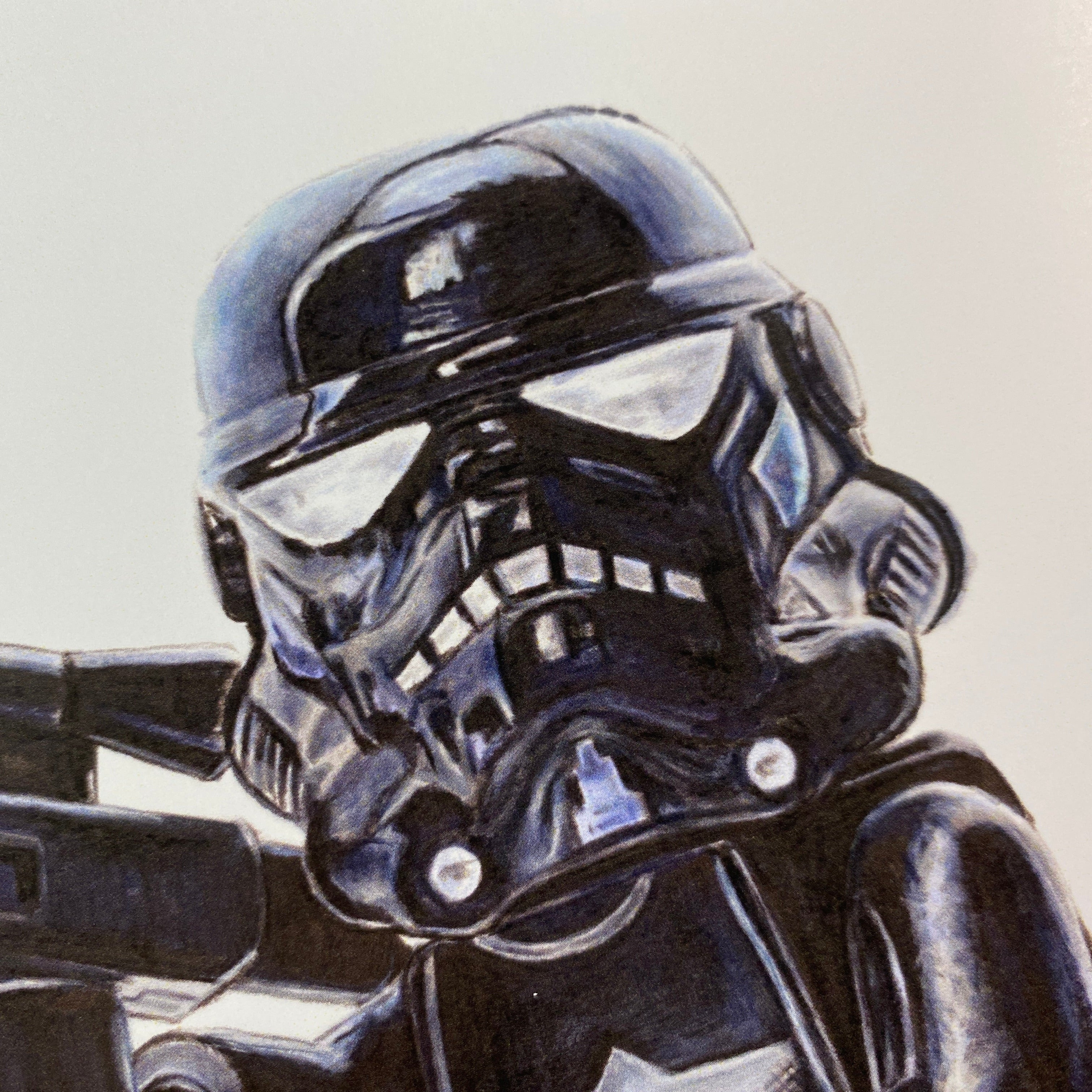 realistic pencil drawing of a lego shadowtrooper helmet on a white background art print