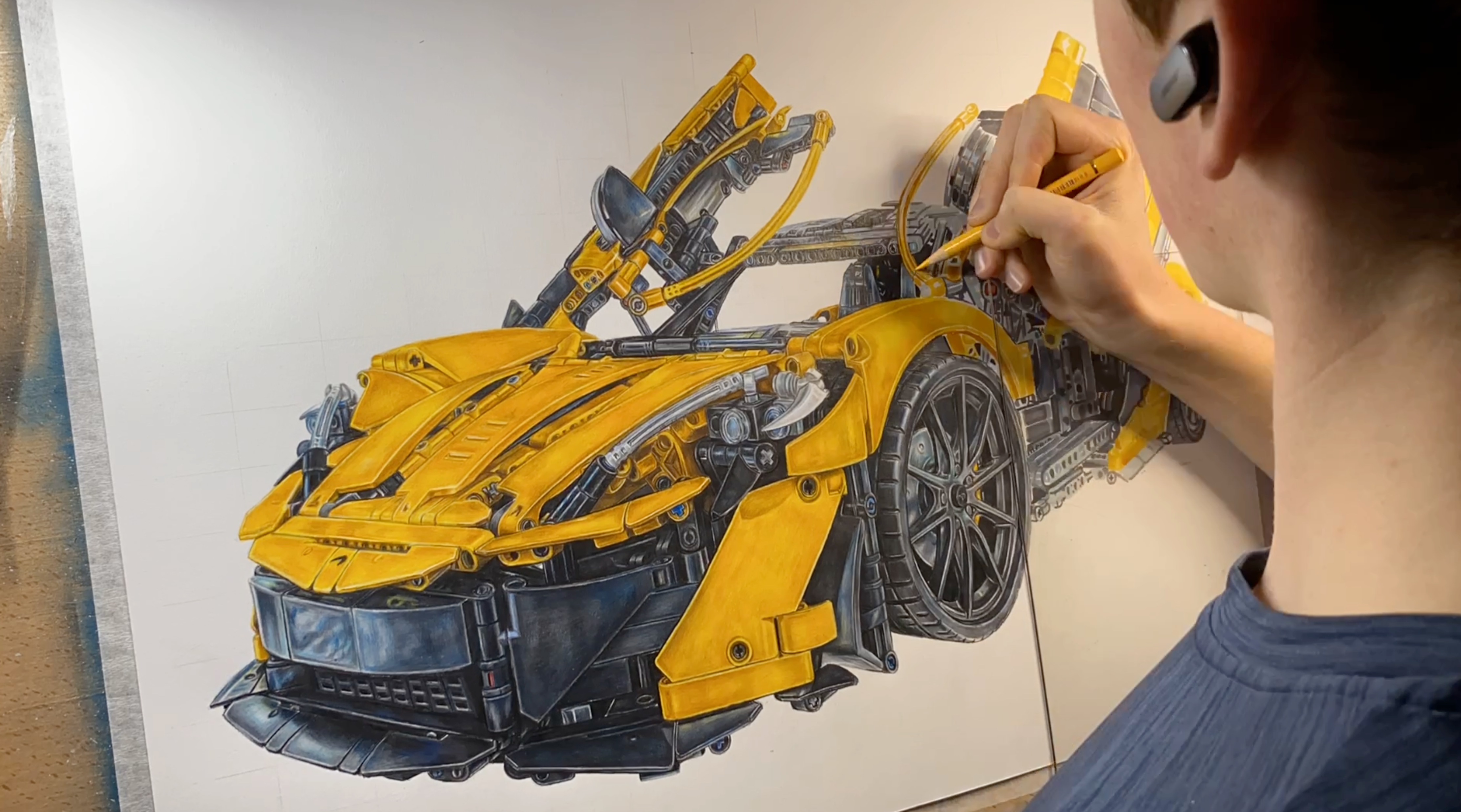 tom mothersole drawing the yellow lego technic mclaren P1 supercar with coloured pencils