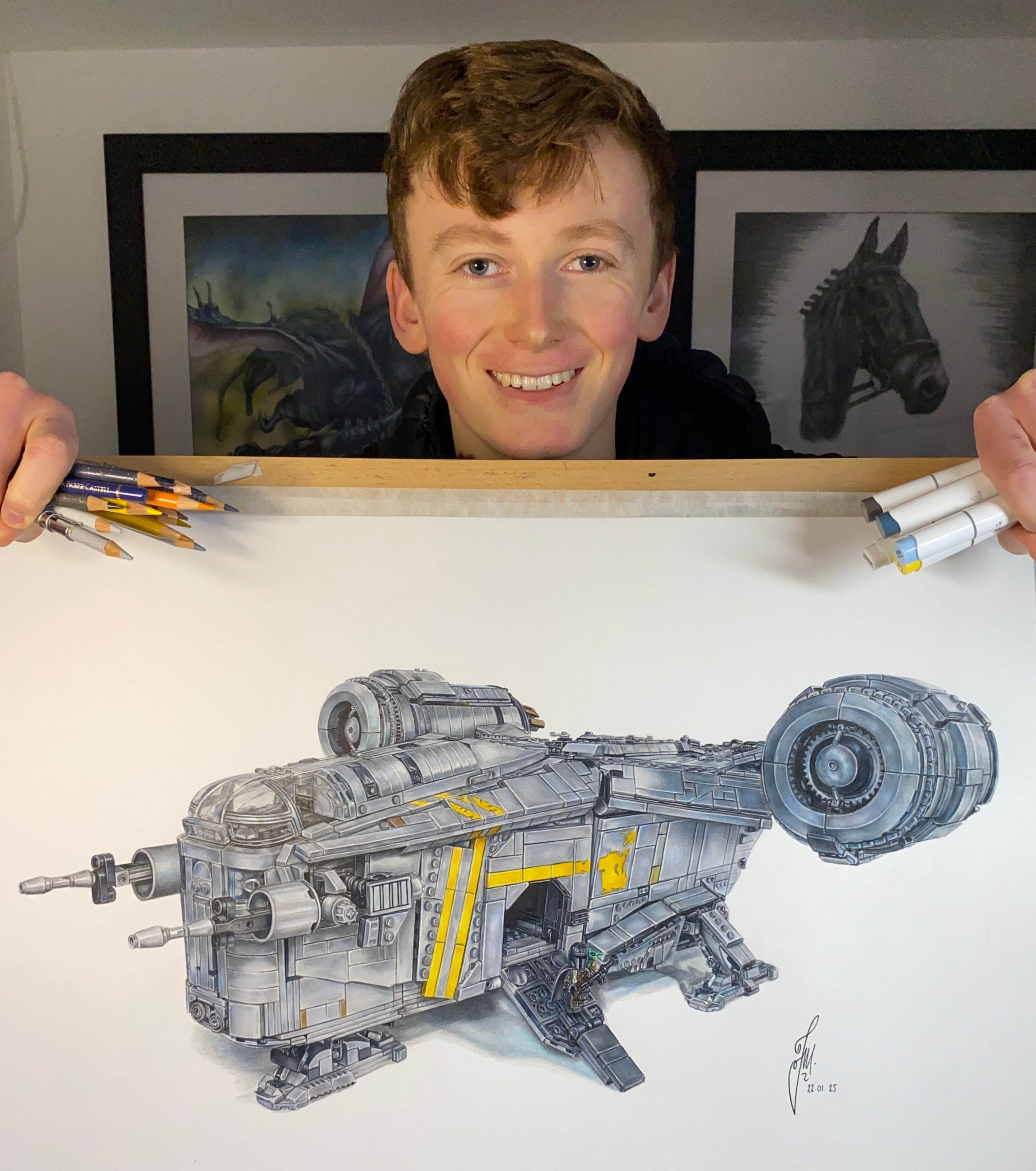 realistic coloured pencil drawing of the LEGO Razorcrest spaceship from starwars the mandalorian by tom mothersole lego art
