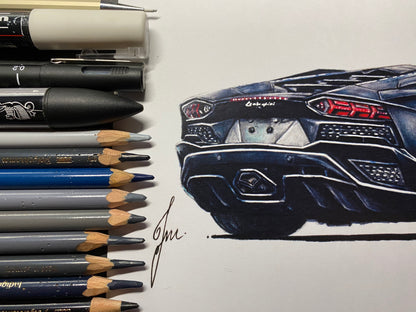 Black Lamborghini Aventador Drawing - PRINT