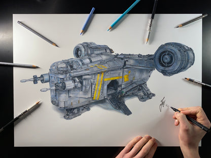 A2 limited edition art print of my realistic coloured pencil drawing of the LEGO Razorcrest spaceship from starwars the mandalorian by tom mothersole lego art