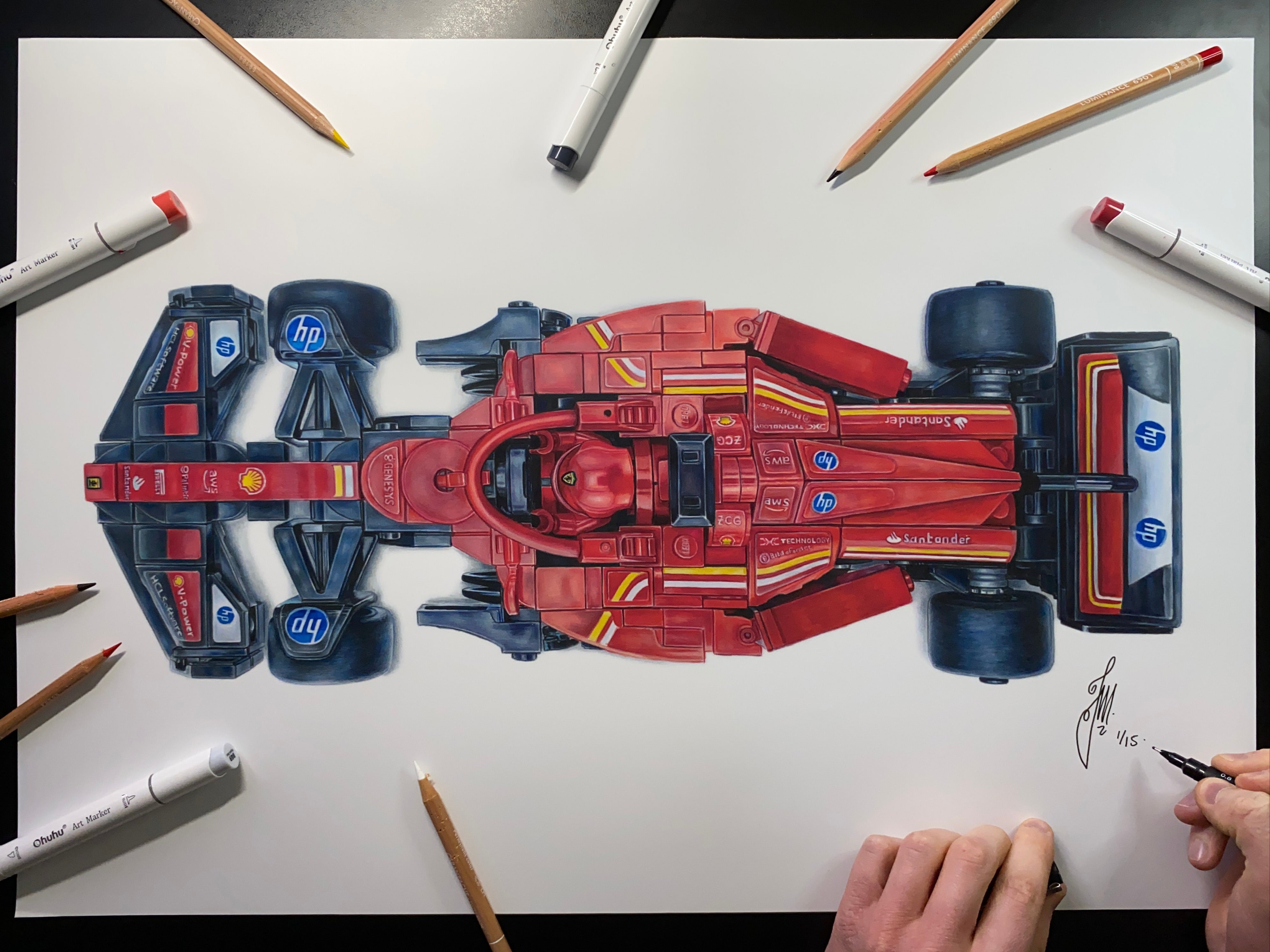 Realistic coloured pencil drawing of the LEGO Ferrari F1 car 