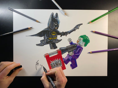 A3 limited edition art print of my lego drawing of the LEGO Batman and Joker Minifigures drawn using coloured pencils by tom mothersole