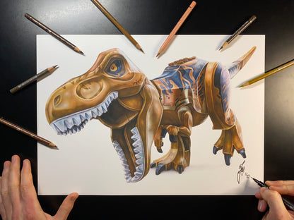 A3 limited edition art print of realistic coloured pencil drawing of the LEGO T-Rex Minifigure by Tom Mothersole