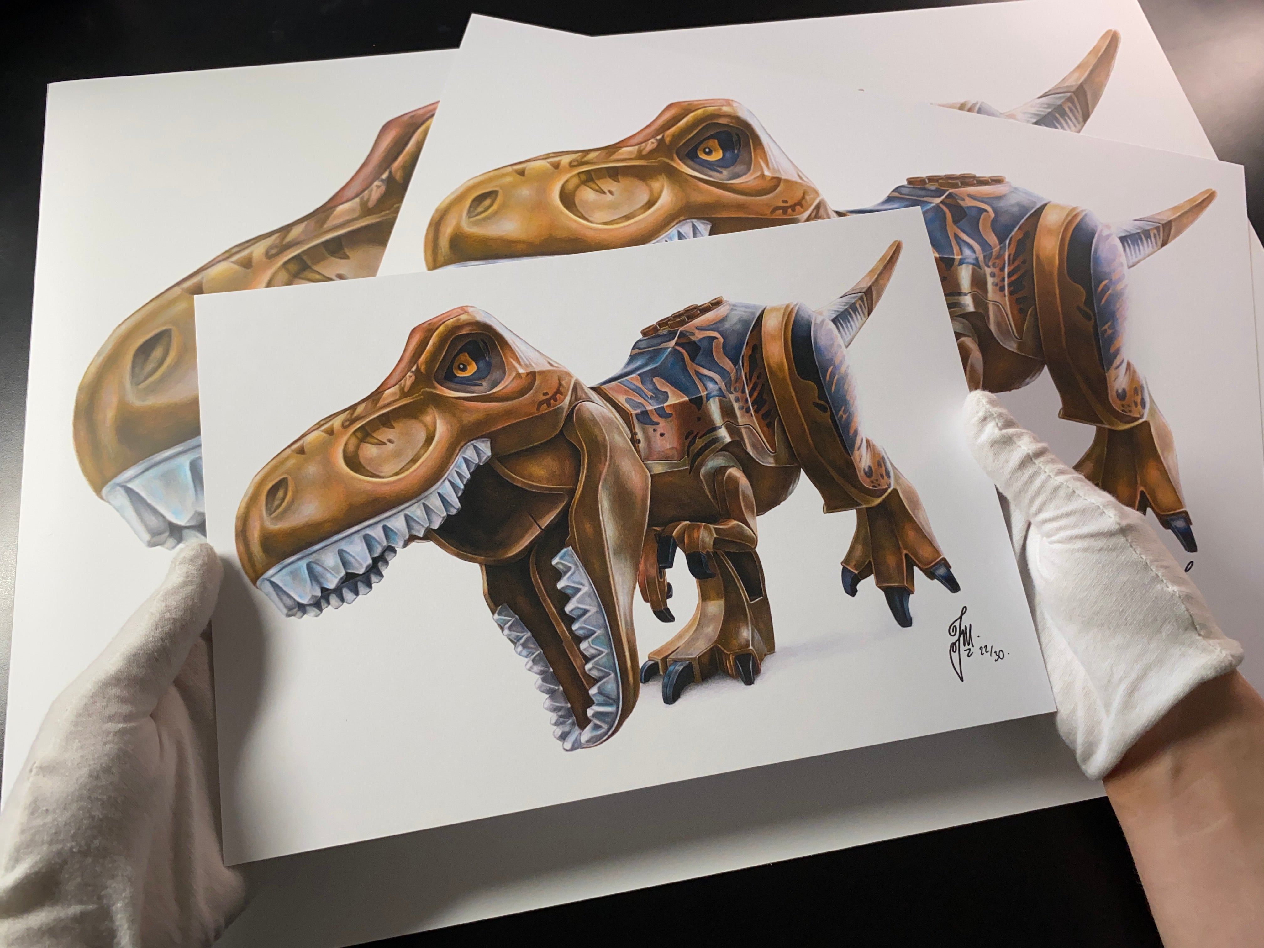 A4, A3 and A2 limited edition prints of tom mothersole's realistc coloured pencil drawing of the LEGo t-Rex minifigure