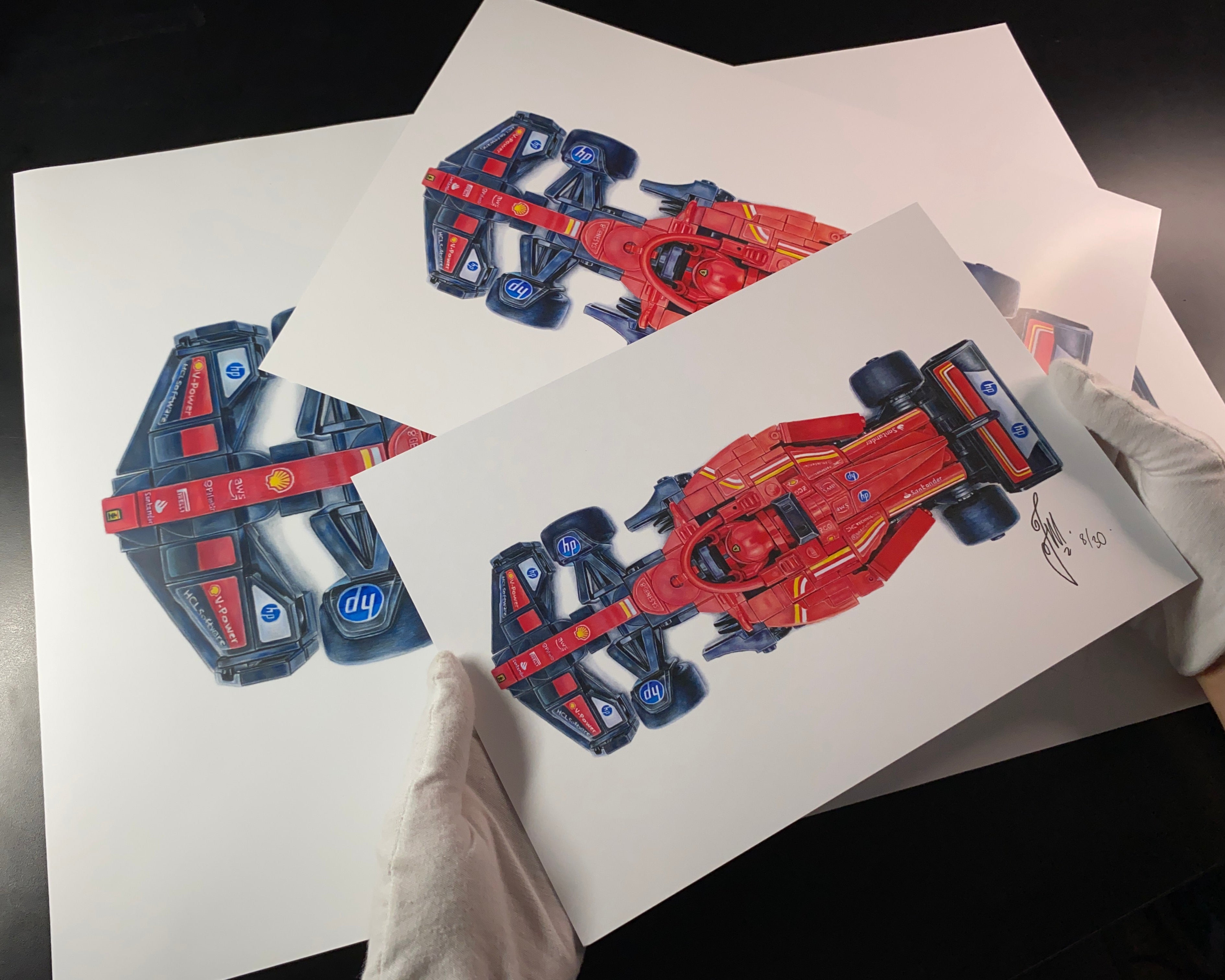 A4, A3 and A2 limited edition prints of tom mothersoles realistic coloured pencil drawing of the lego Ferrari F1 car