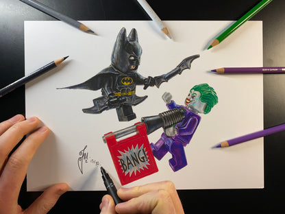 A4 limited edition art print of my lego drawing of the LEGO Batman and Joker Minifigures drawn using coloured pencils by tom mothersole