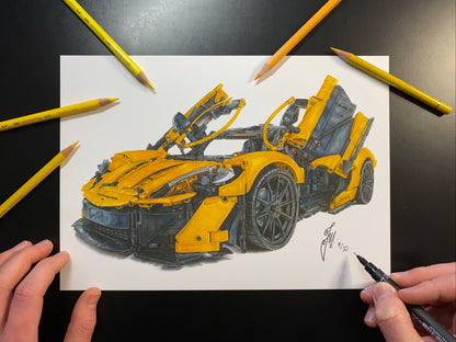 A4 signed limited edition art print of a realistic coloured pencil drawing of the yellow LEGO Technic McLaren P1 super car model by tom mothersole