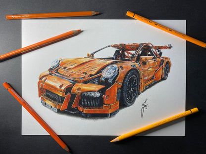A4 limited edition art print of my realistic coloured pencil drawing of the orange LEGO Technic Porsche 911 GT3 RS by Tom Mothersole