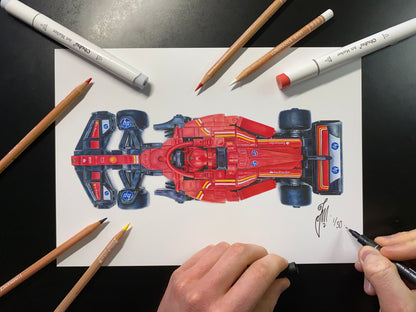 realistic coloured pencil drawing of the LEGO Ferrari F1 car