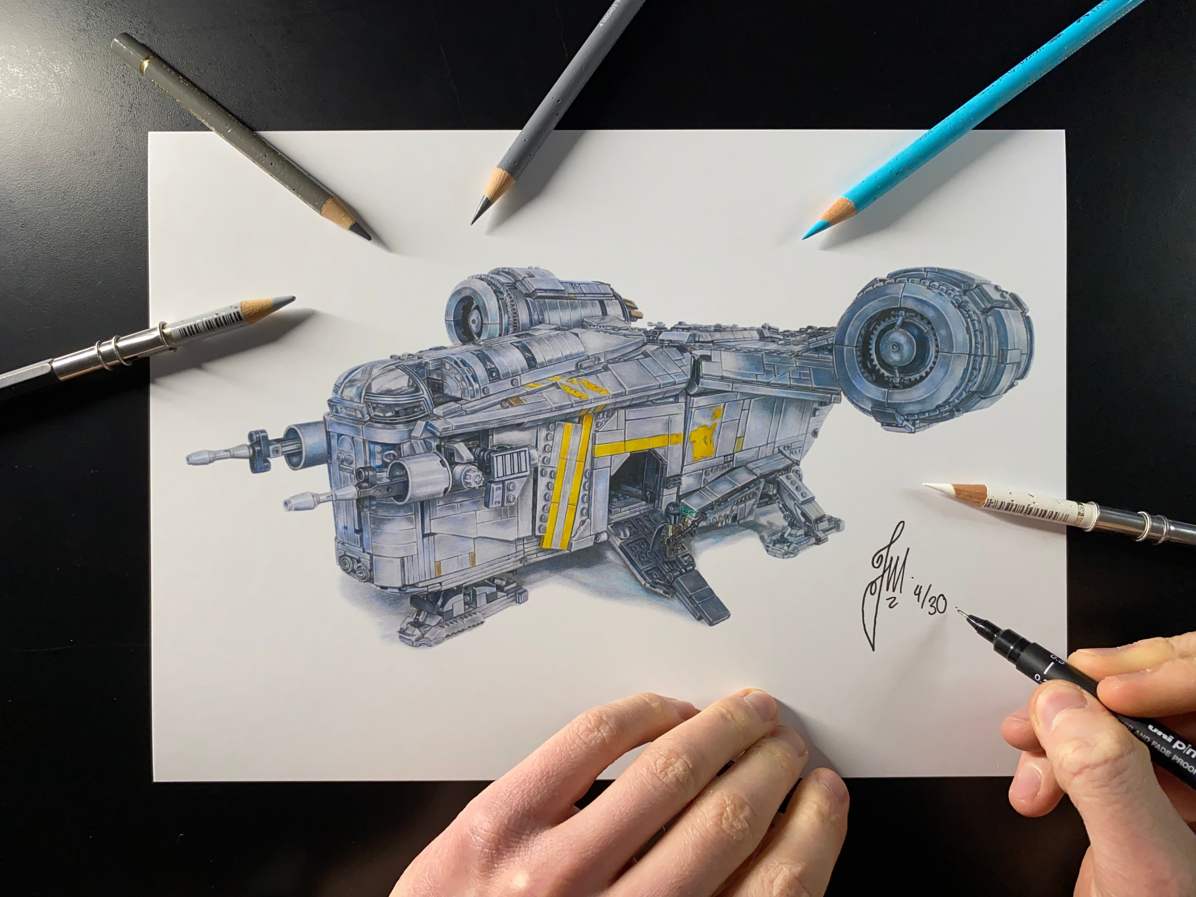 A4 limited edition art print of my realistic coloured pencil drawing of the LEGO Razorcrest spaceship from starwars the mandalorian by tom mothersole lego art