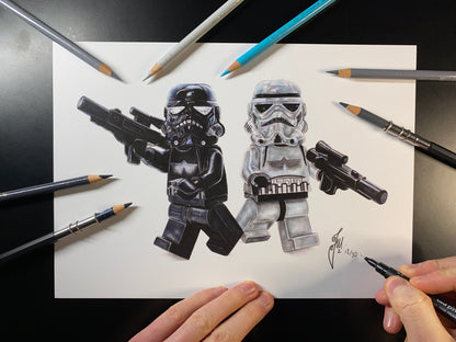 A4 limited edition art print of my realistic coloured pencil drawing of the LEGO Shadowtrooper and stormtrooper Minifigures from starwars lego art by tom mothersole