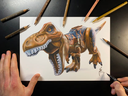 A4 limited edition art print of realistic coloured pencil drawing of the LEGO T-Rex Minifigure by Tom Mothersole