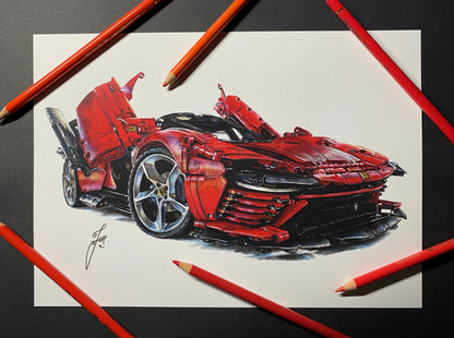 limited edition art print of realistic coloured pencil drawing of the LEGO Technic Ferrari Daytona SP3 super car by tom mothersole lego art