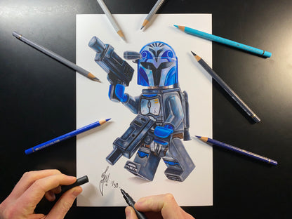 A4 limited edition art print of my coloured pencil drawing of the LEGO Bokatan Minifigure from starwars the mandalorian by tom mothersole lego art