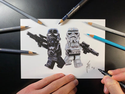 A5 limited edition art print of my realistic coloured pencil drawing of the LEGO Shadowtrooper and stormtrooper Minifigures from starwars lego art by tom mothersole