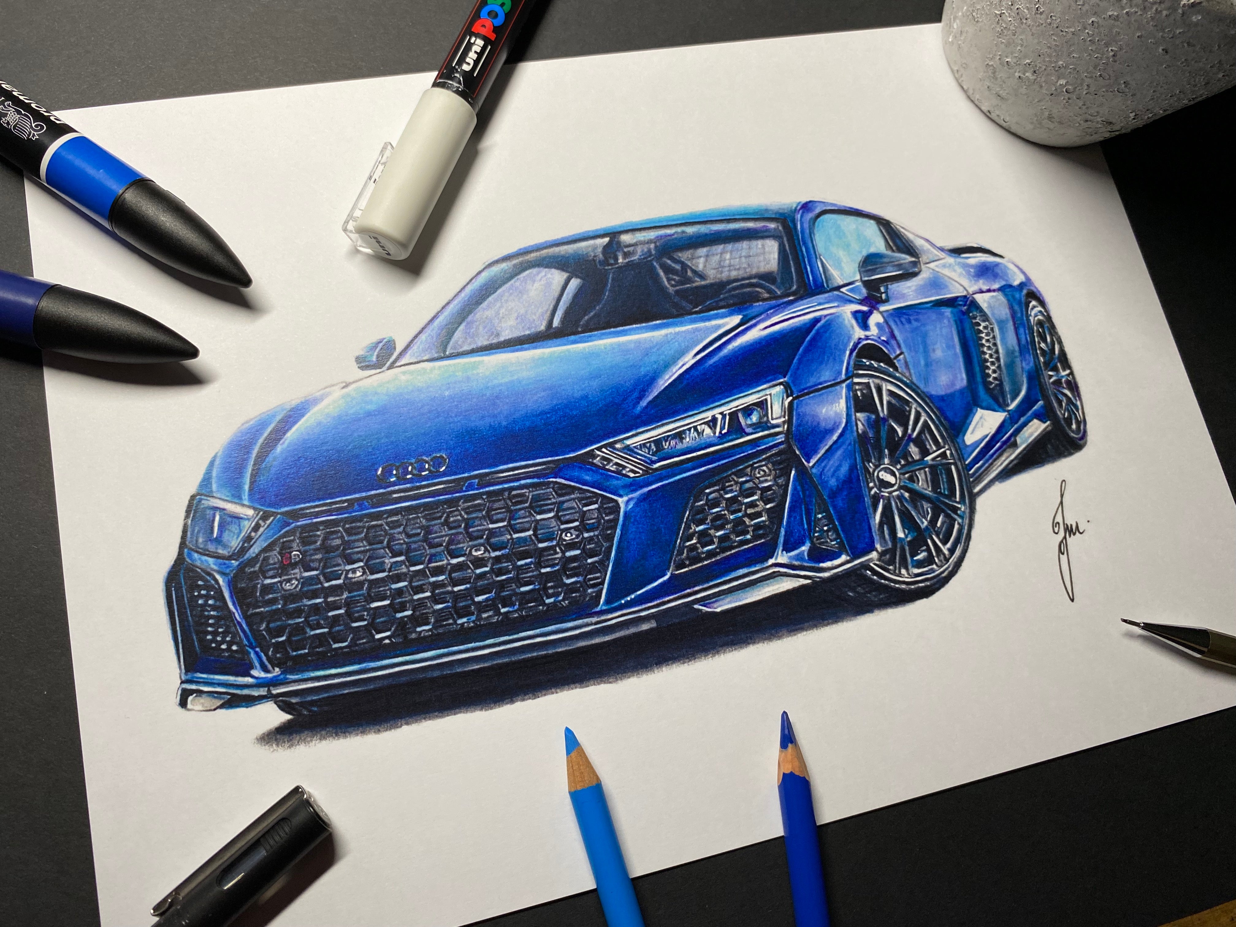 Blue Audi R8 Drawing - PRINT