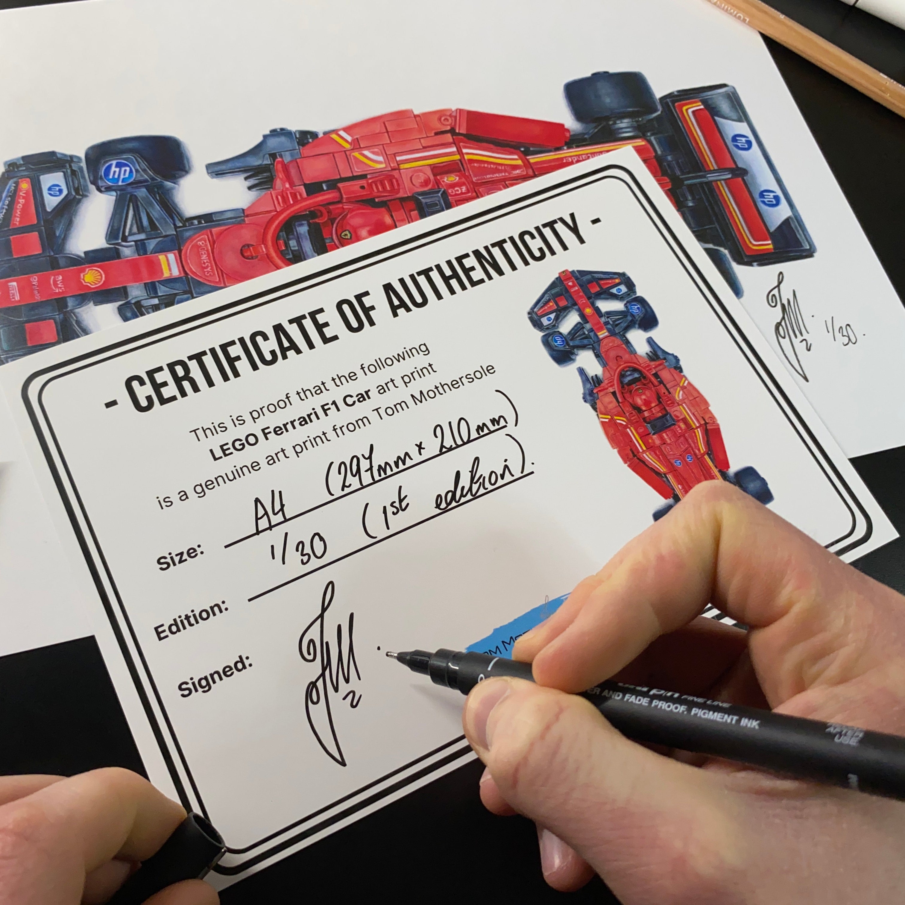 certificate of authenticity for the prints of my realistic coloured pencil drawing of the LEGO Ferrari F1 car