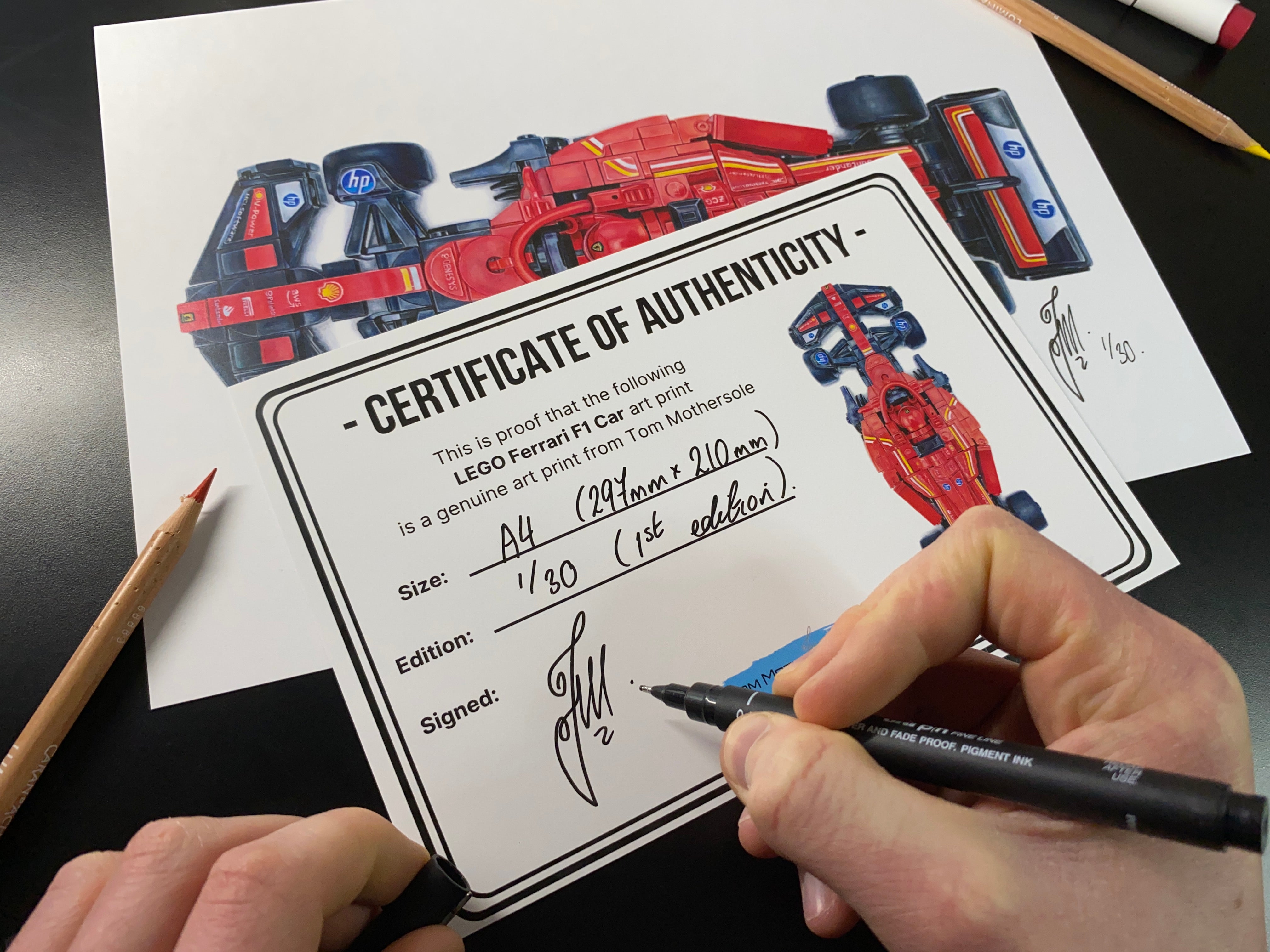 certificate of authenticity for the prints of my realistic coloured pencil drawing of the LEGO Ferrari F1 car
