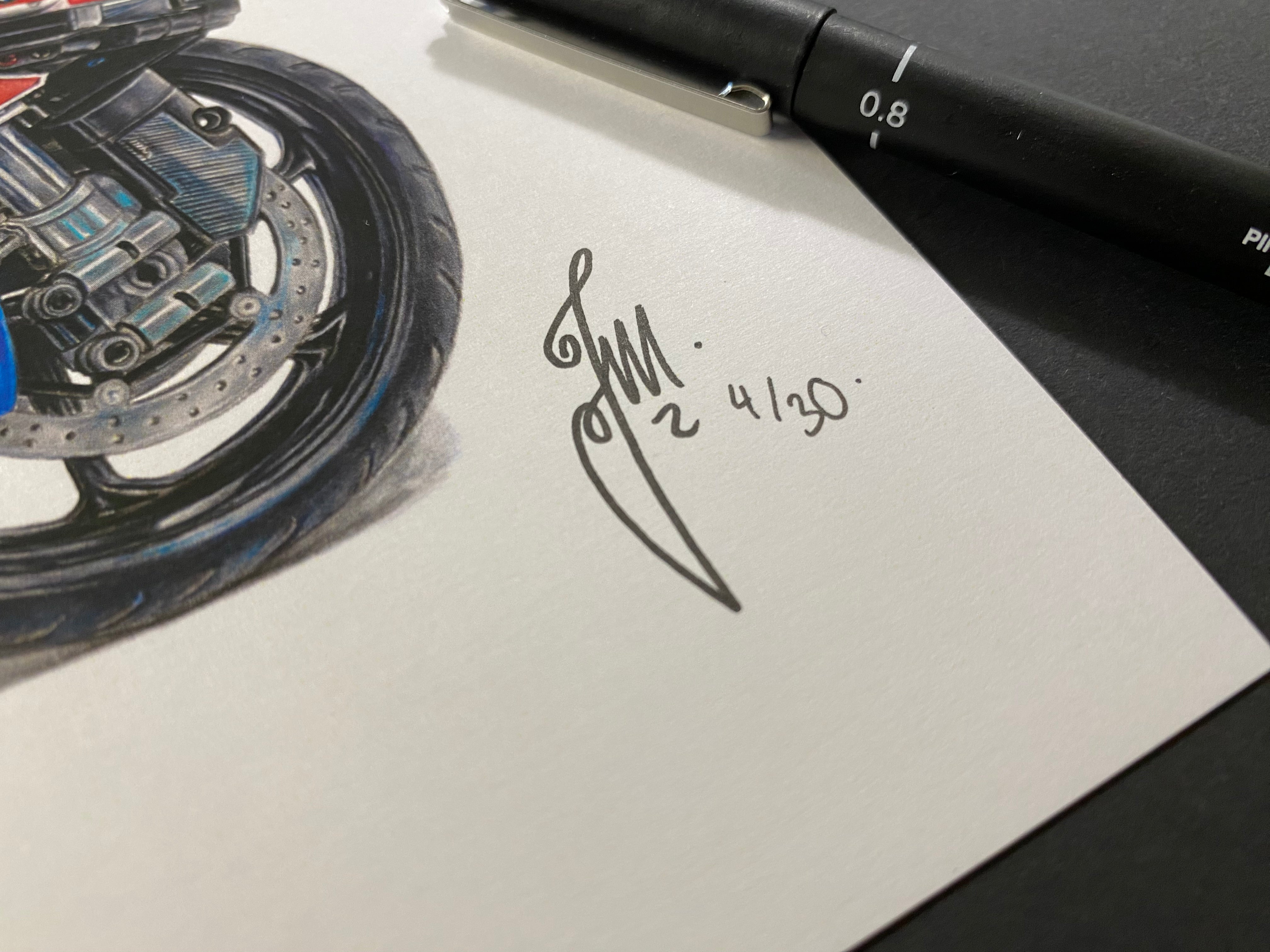limited edition art print of my realistic coloured pencil drawing of the LEGO technic BMW M 1000 RR motorbike drawing by tom mothersole lego art