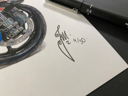 limited edition art print of my realistic coloured pencil drawing of the LEGO technic BMW M 1000 RR motorbike drawing by tom mothersole lego art