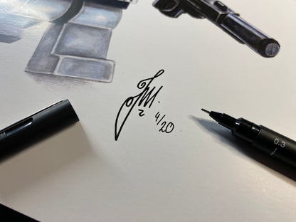 limited edition art print of my realistic coloured pencil drawing of the LEGO Shadowtrooper and stormtrooper Minifigures from starwars lego art by tom mothersole