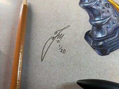 limited edition art print of realistic coloured pencil drawing of the Nerf Maverick blaster by tom mothersole 