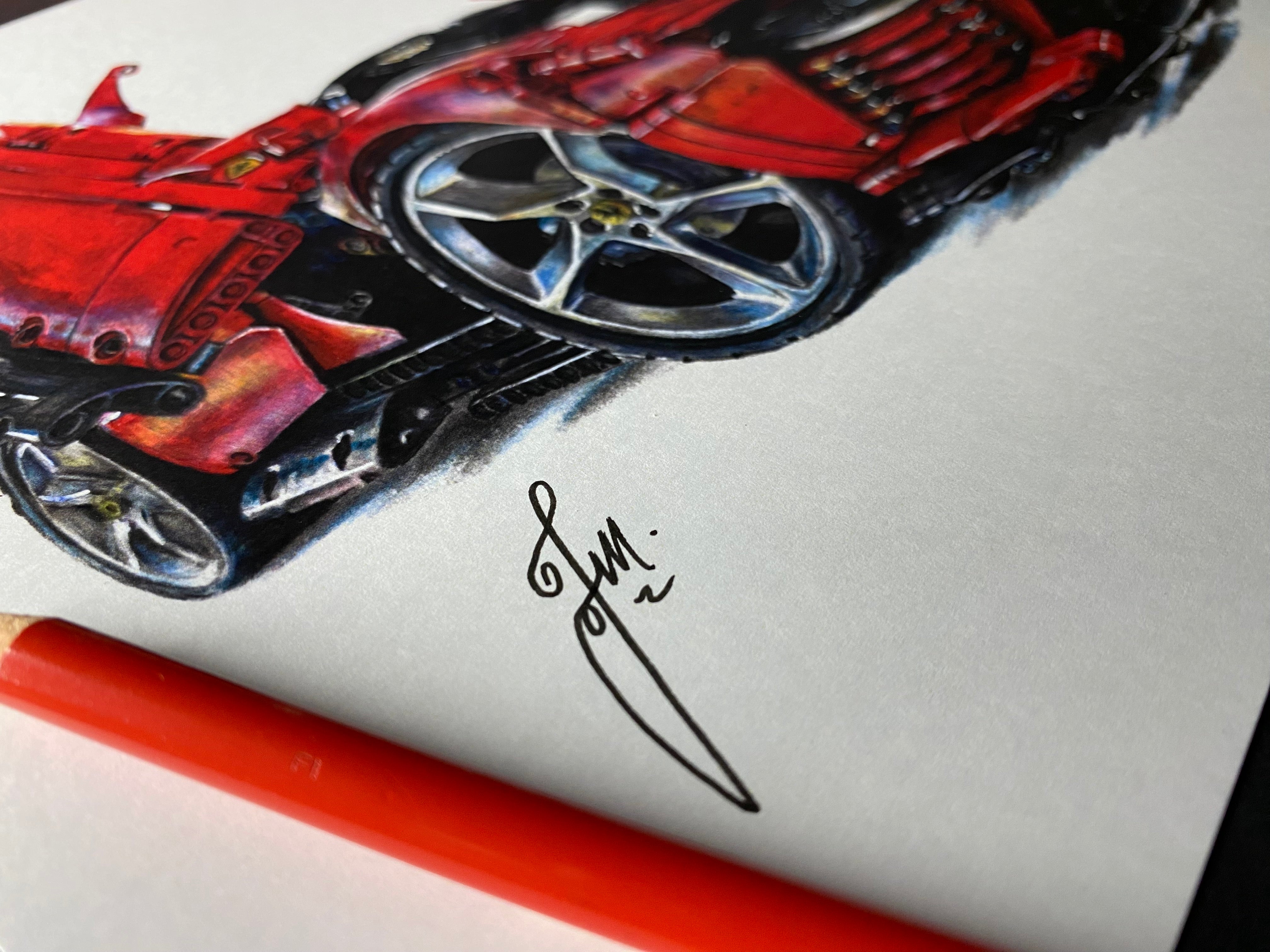 limited edition art print of realistic coloured pencil drawing of the LEGO Technic Ferrari Daytona SP3 super car by tom mothersole lego art